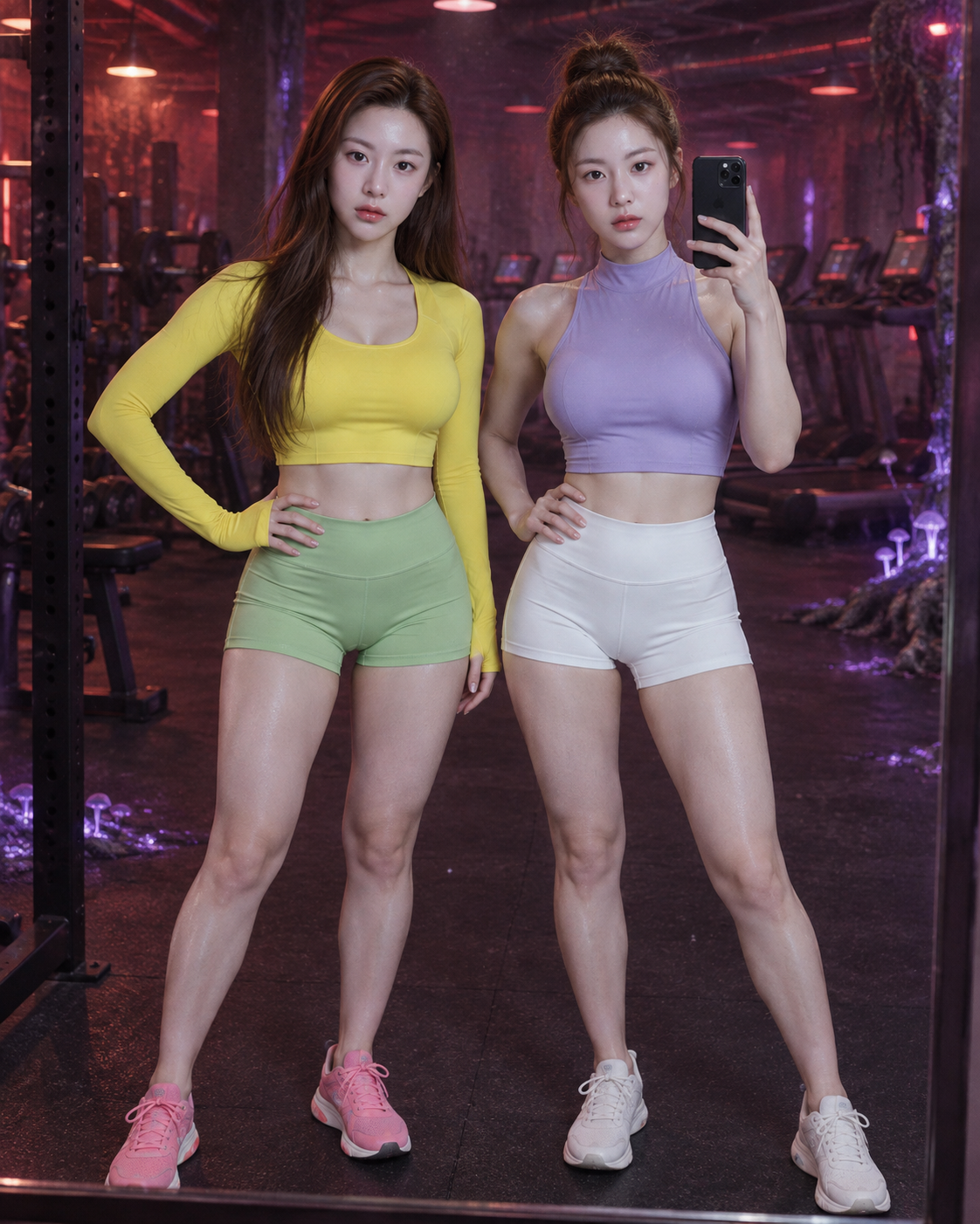 异界霓虹健身房的双人运动镜自拍 — AI image creation