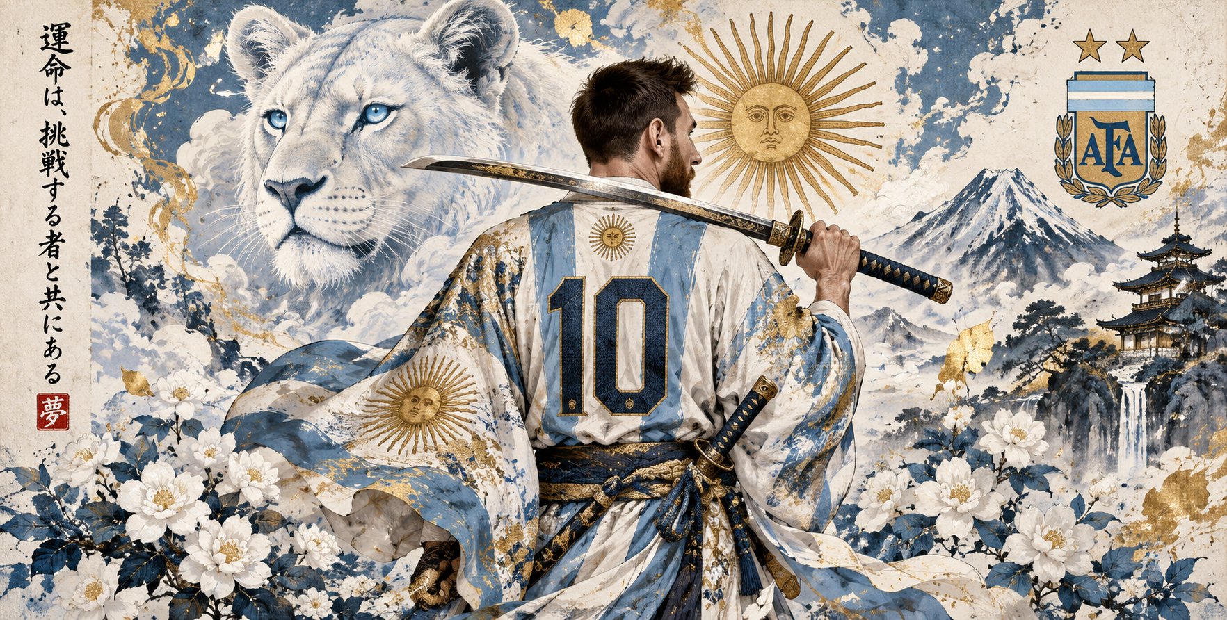 梅西阿根廷武士风格浮世绘插画 — AI image creation