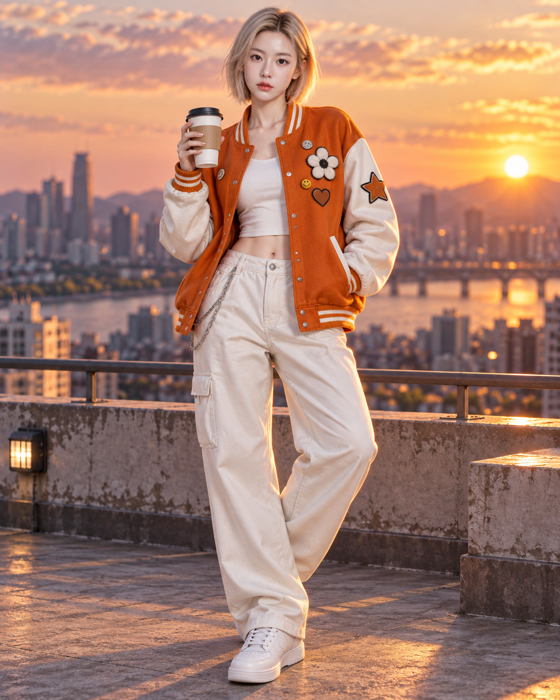 成年韩国女性橙白棒球夹克3D街头时装肖像 — AI image creation