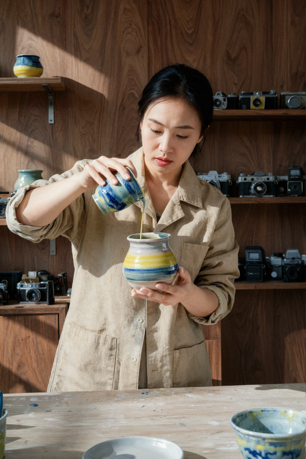 Adult East Asian Female Ceramic Artist · Glaze Pour · Hard Daylight Shadows