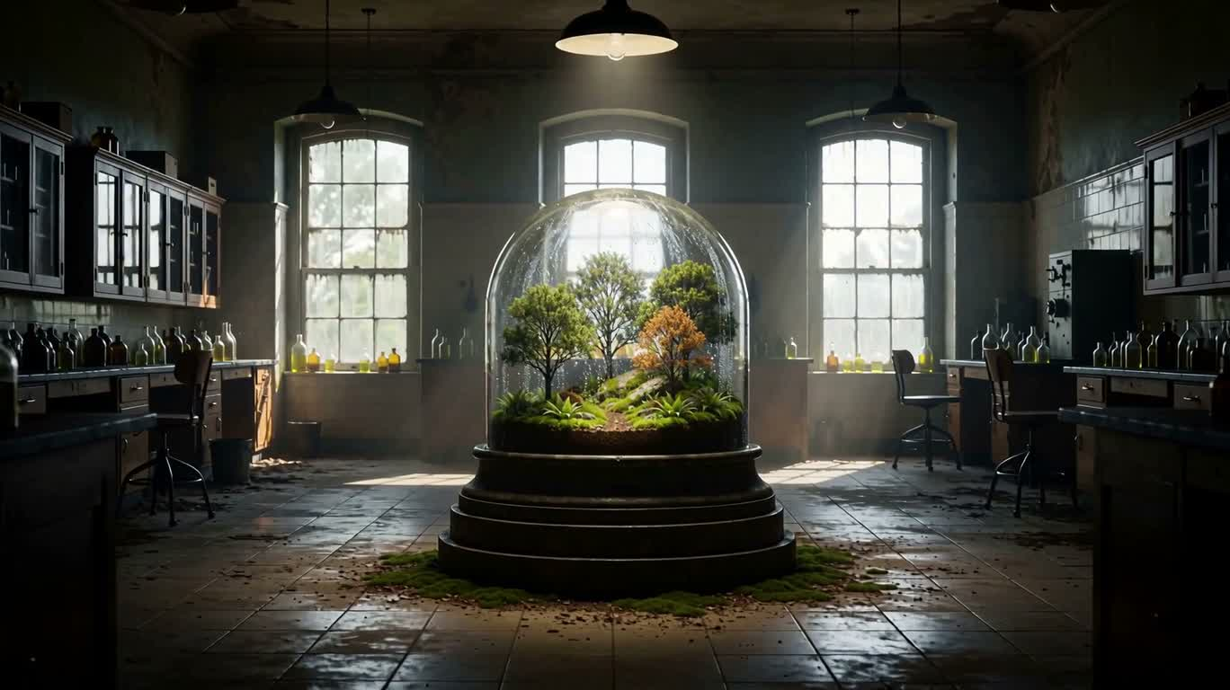 废弃实验室中的玻璃穹顶微型森林 — AI video creation