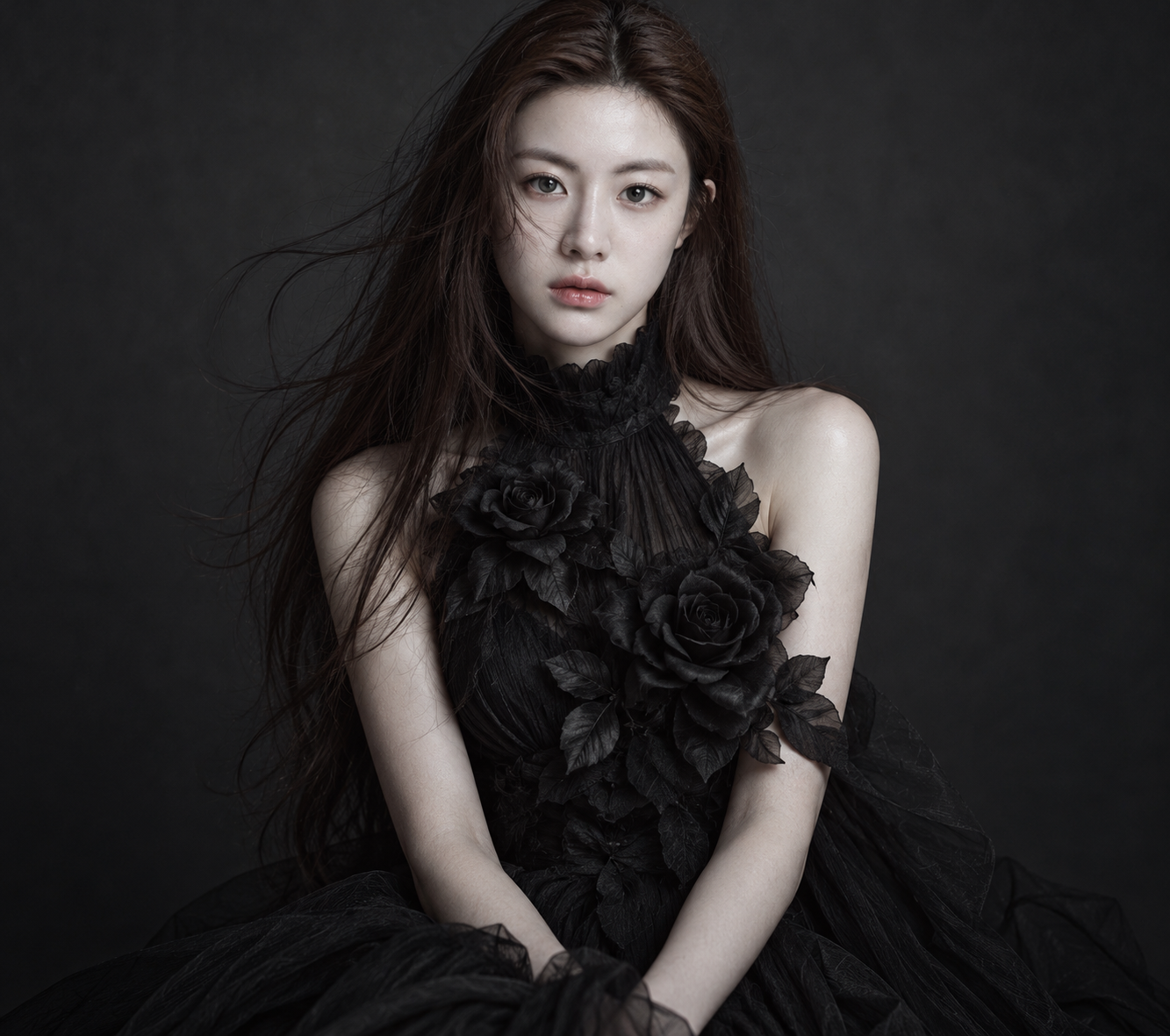 炭灰影棚中的哥特高定成年女性肖像 — AI image creation