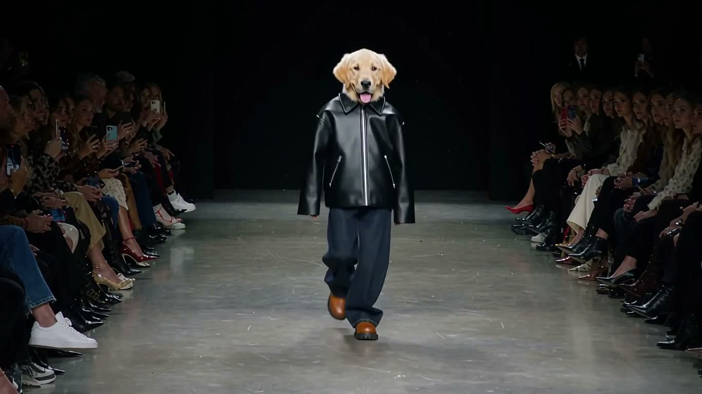 ゴールデン・レトリバー子犬のファッションショー — AI video creation