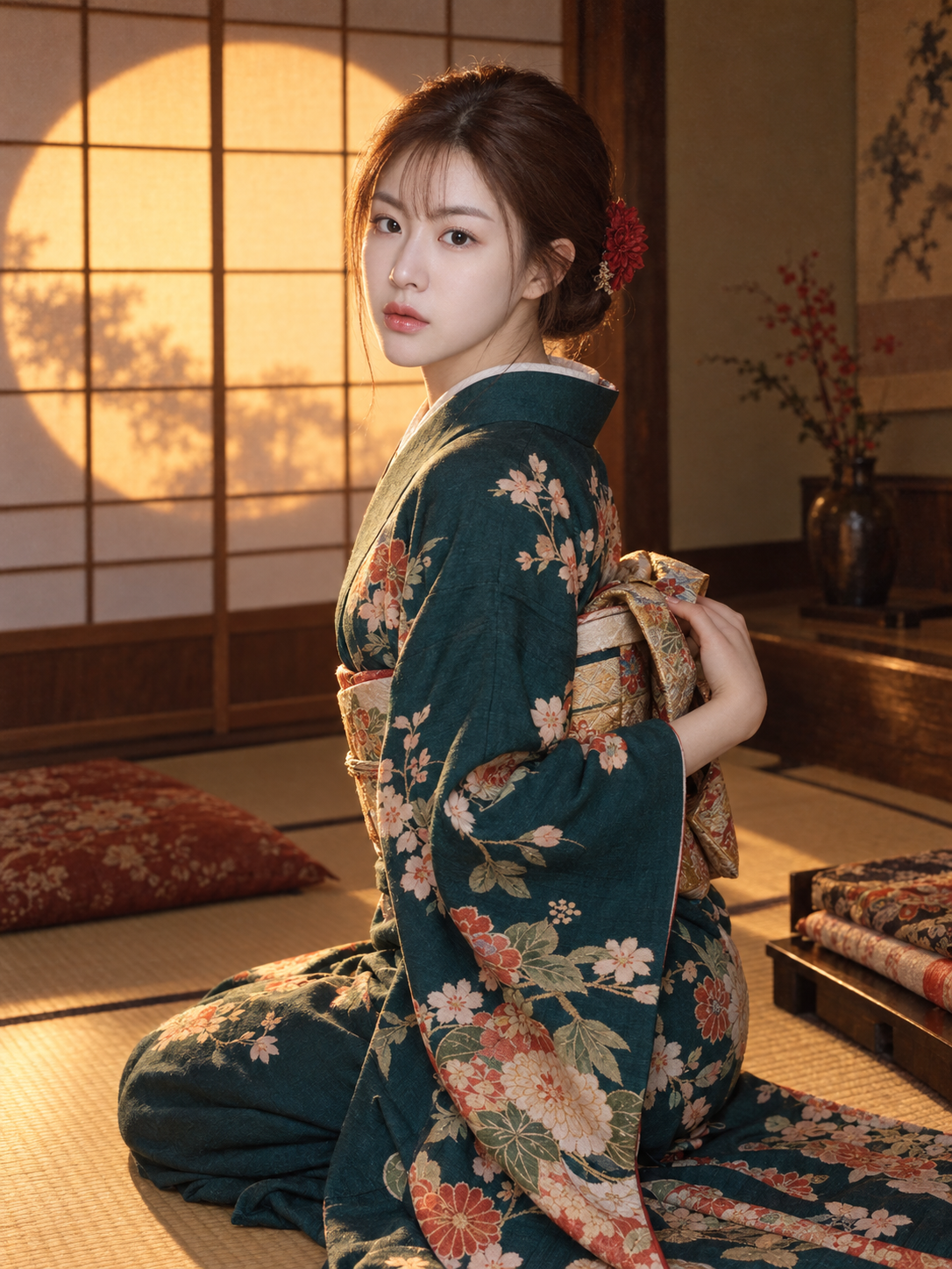 夕暮れの和室で着物の袖を整える成人女性のフィルムポートレート