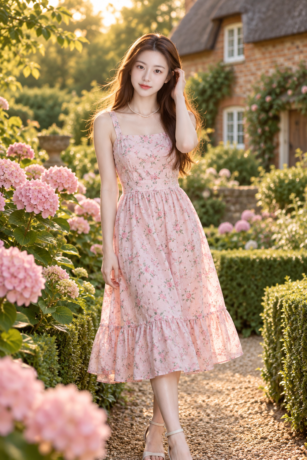 英式花园的粉裙少女肖像 — AI image creation