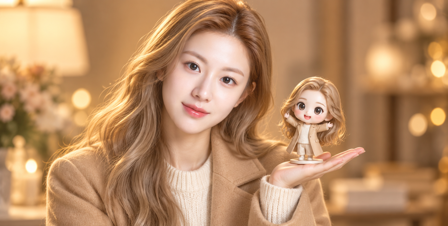 成年女性掌心托起自己的迷你 Q 版人偶 — AI image creation