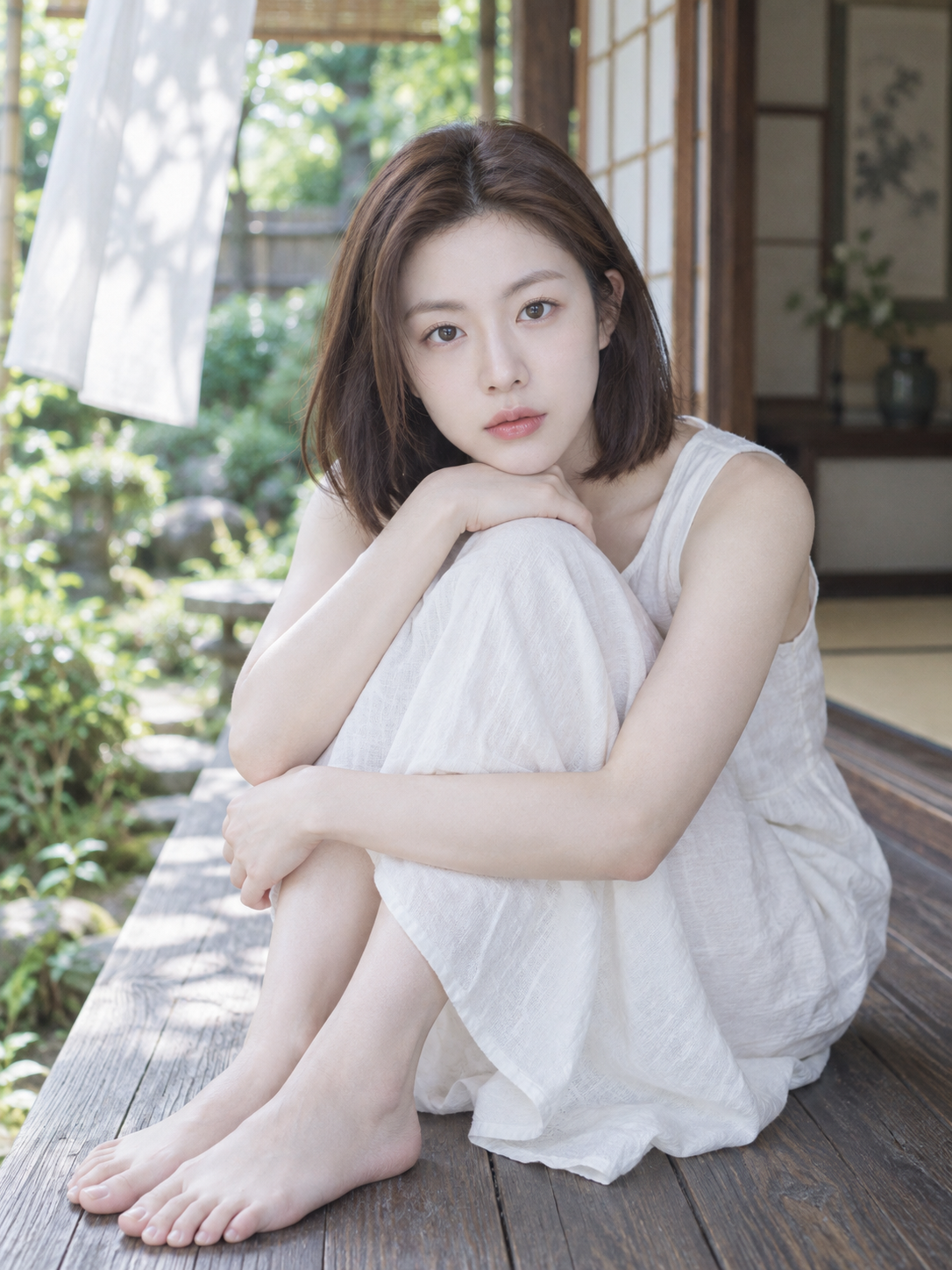 夏日缘侧的成年女性肖像 — AI image creation