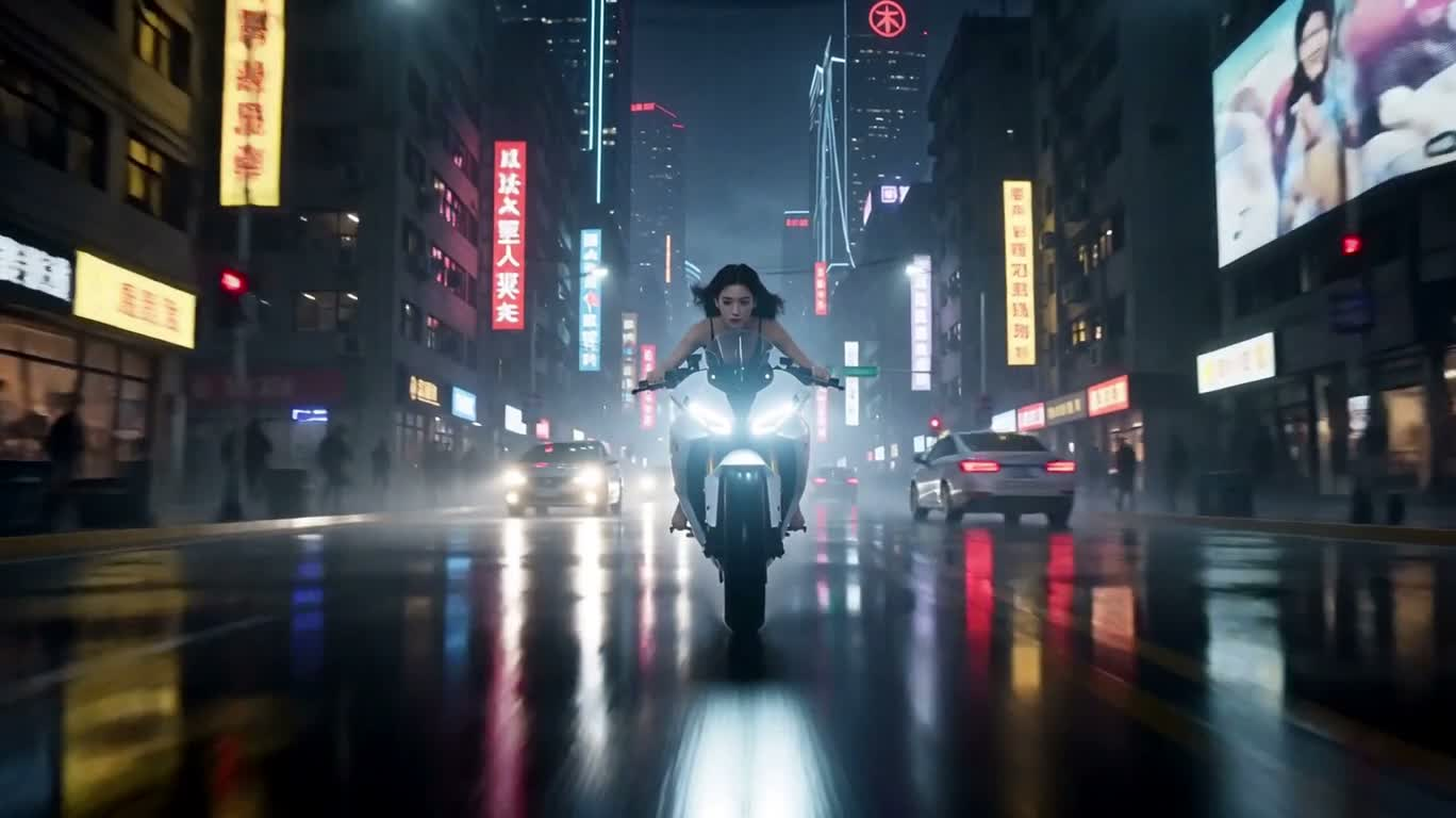 霓虹雨城:白金机械龙骑行变身 — AI video creation