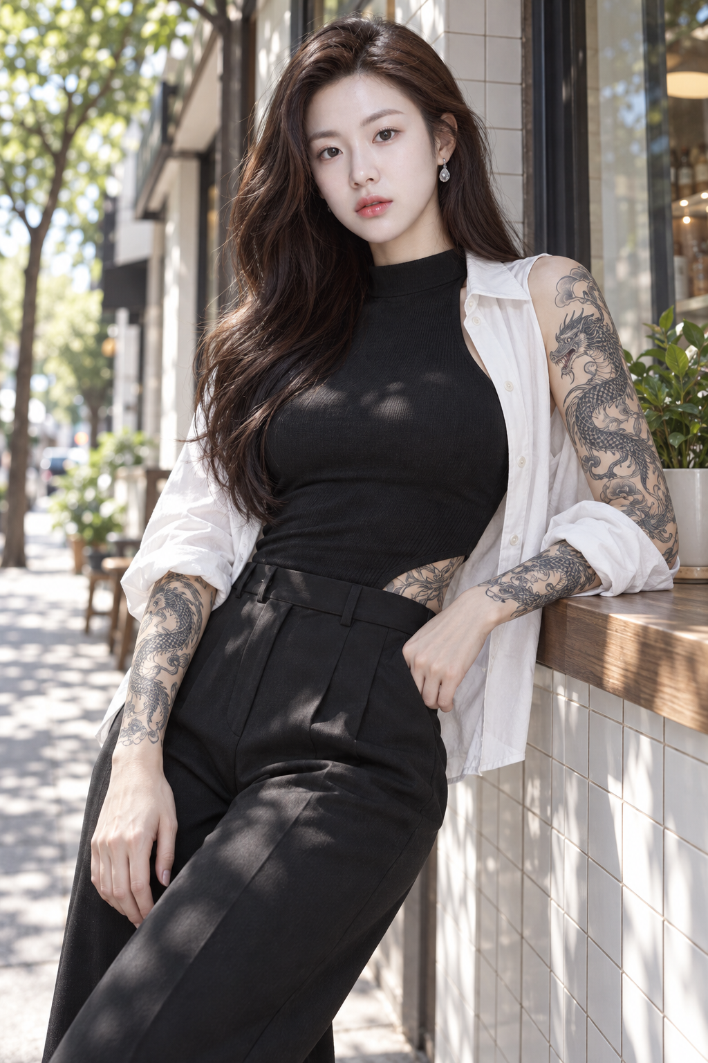 黒龍のタトゥーを入れた成人女性の街角店舗横のファッションポートレート