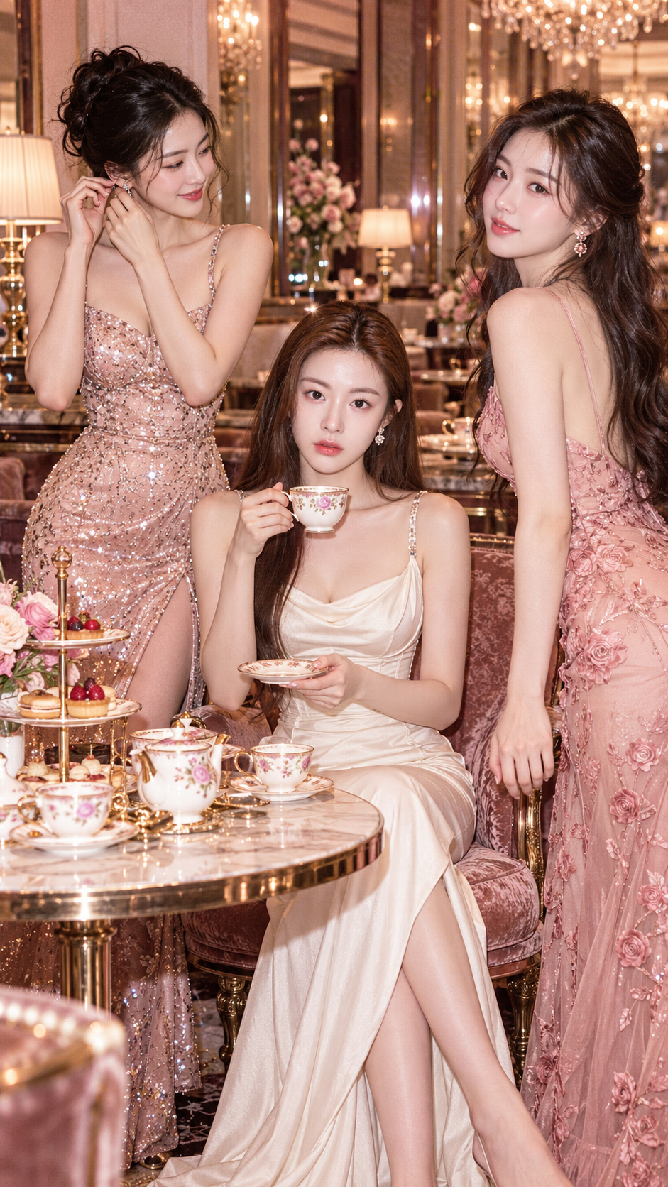 玫瑰香槟色三人下午茶时尚写真