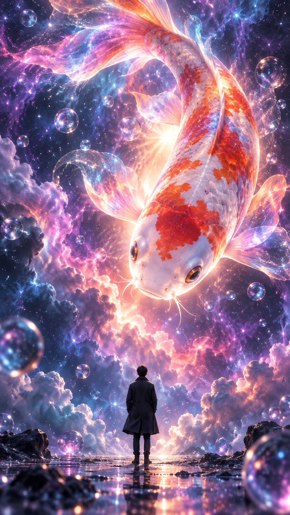 星云巨鲤与仰望者的奇幻对话 — AI image creation