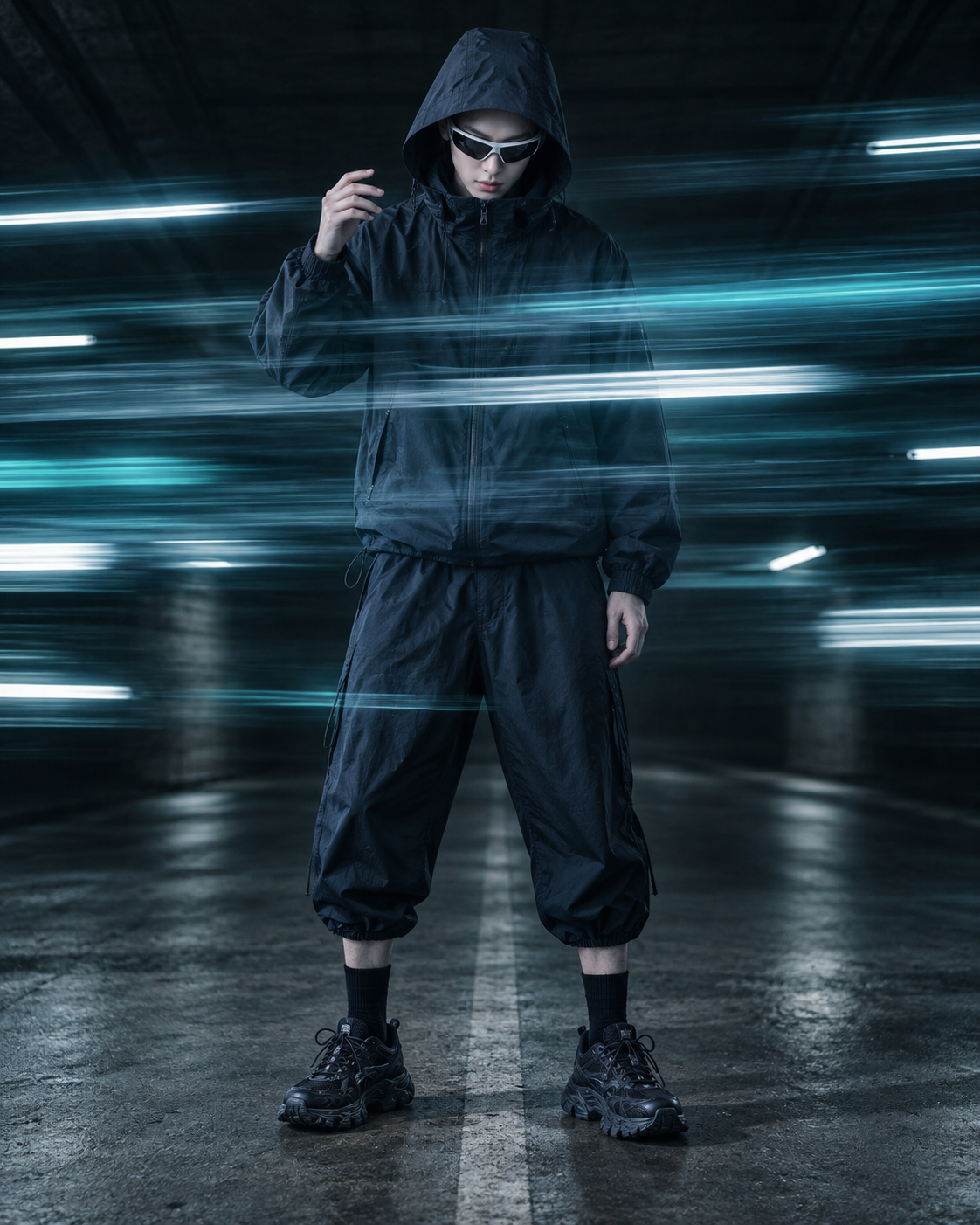工业通道中的青蓝长曝光机能时尚 — AI image creation