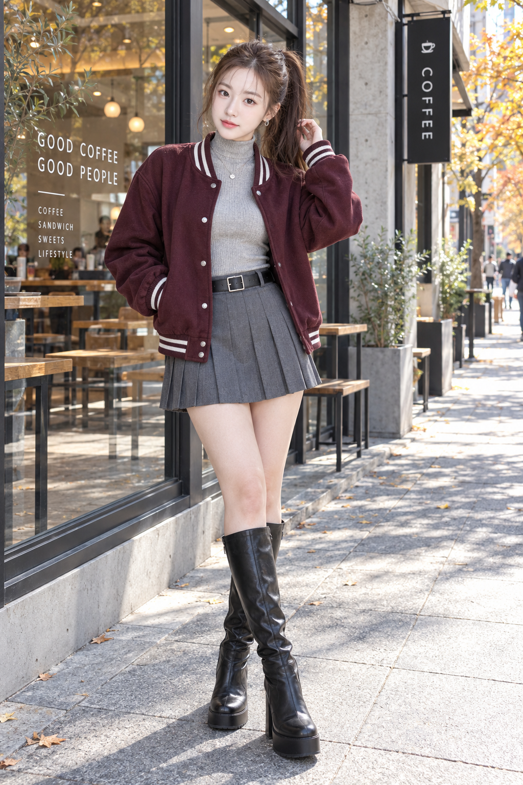 Burgundy Jacket Japanese Street Cafe Full-Body Street Portrait