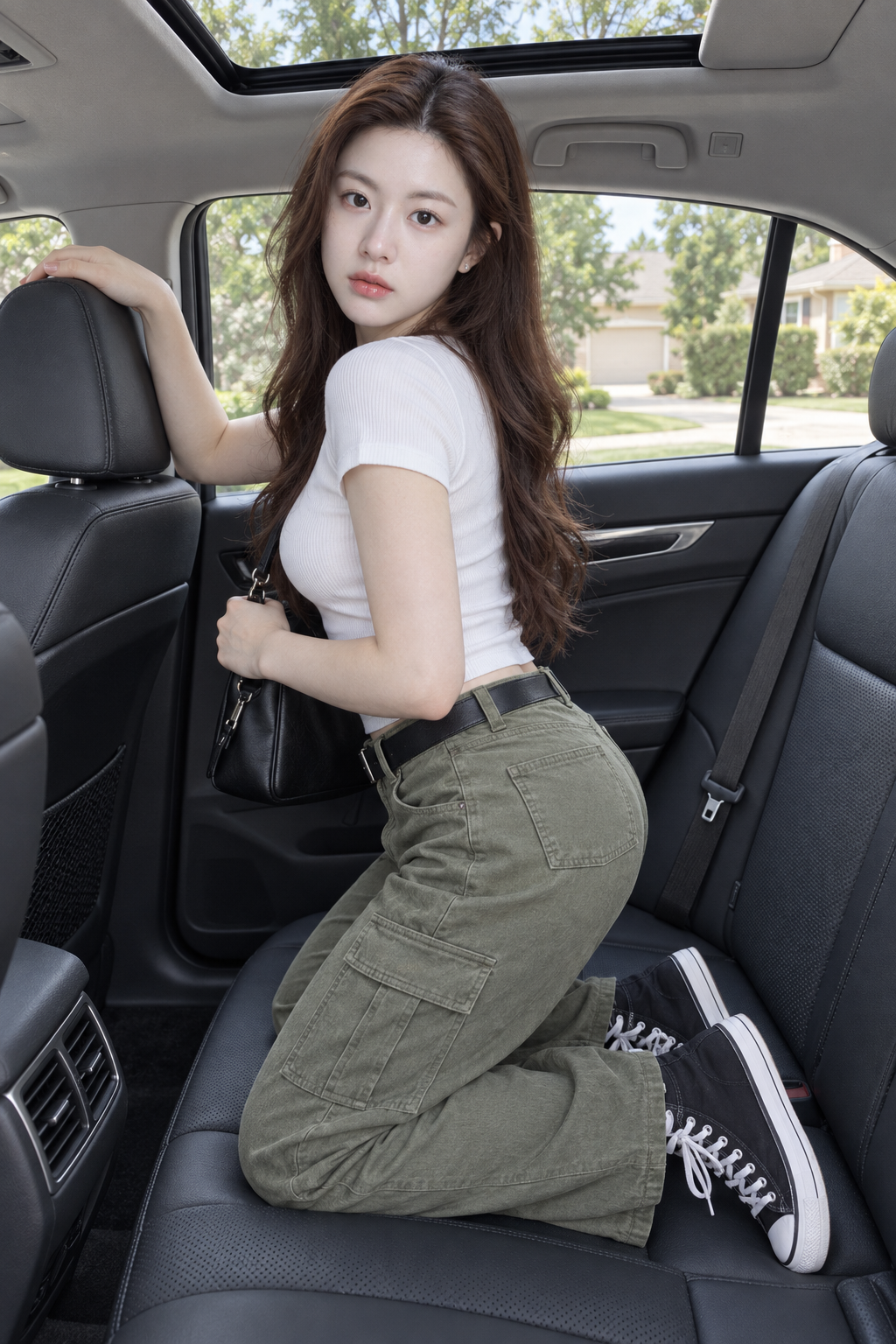 敞开天窗轿车后座成年女性回眸人像 — AI image creation