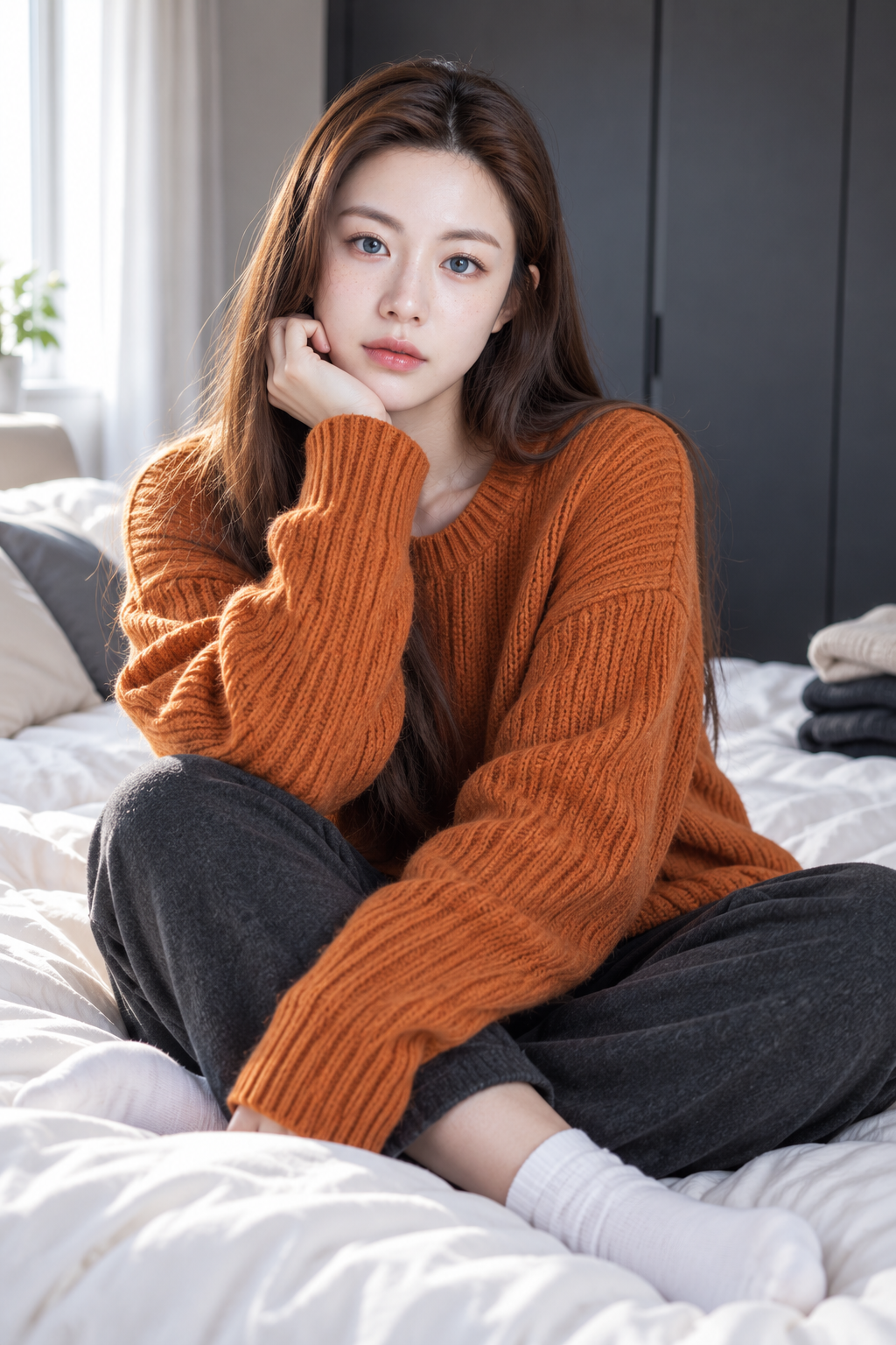 柔和日光中的成年女性居家肖像 — AI image creation