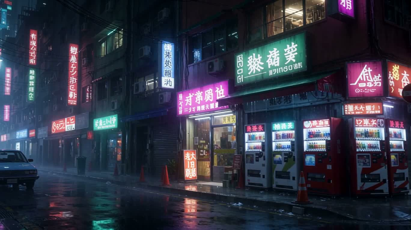 비 오는 밤 네온 거리 풍경 — AI video creation