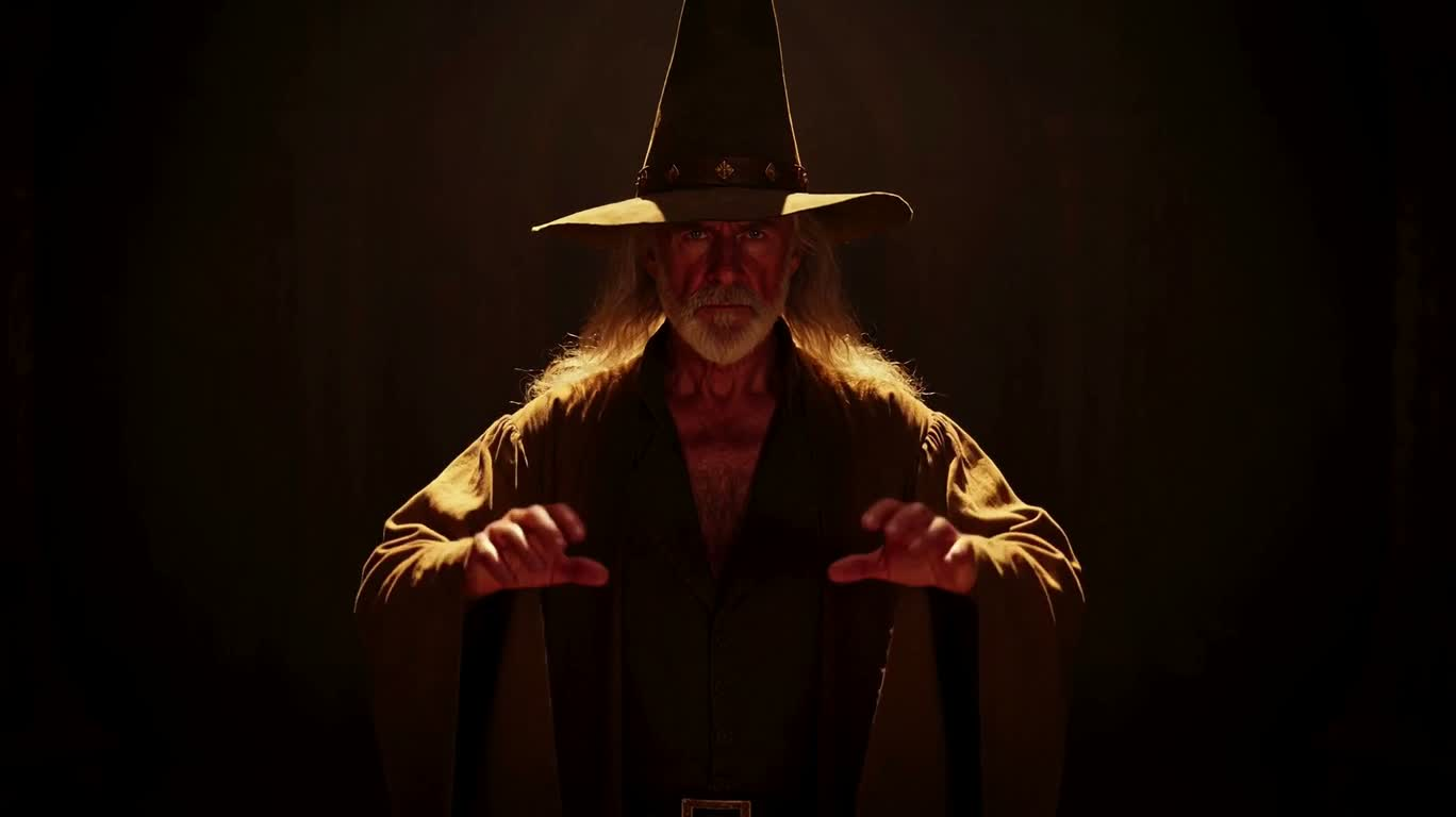 暖かな光の中で魔法を唱える魔術師 — AI video creation