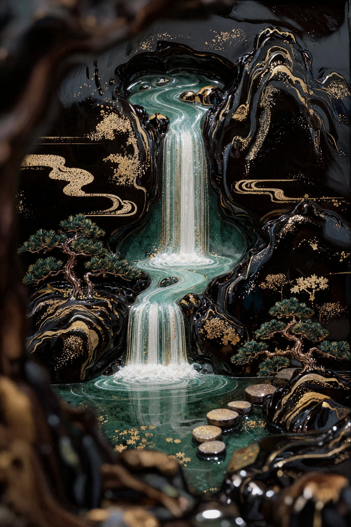 立体ペーパー彫刻の滝 · 黒金漆芸