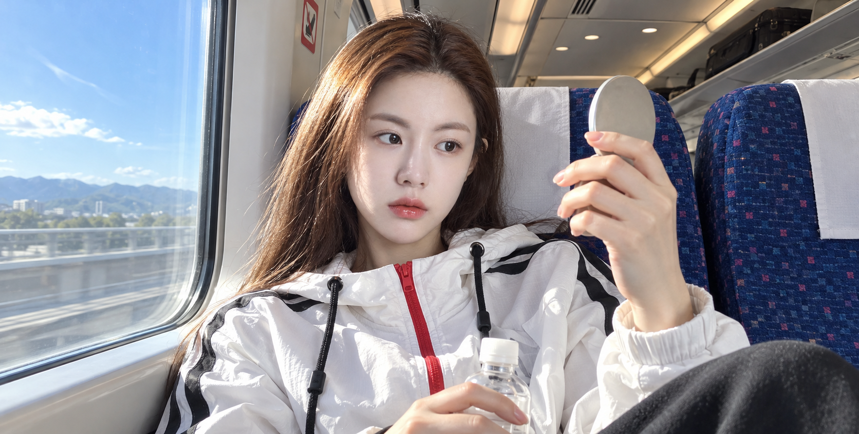 Ảnh selfie du lịch bên cửa sổ tàu đầy nắng