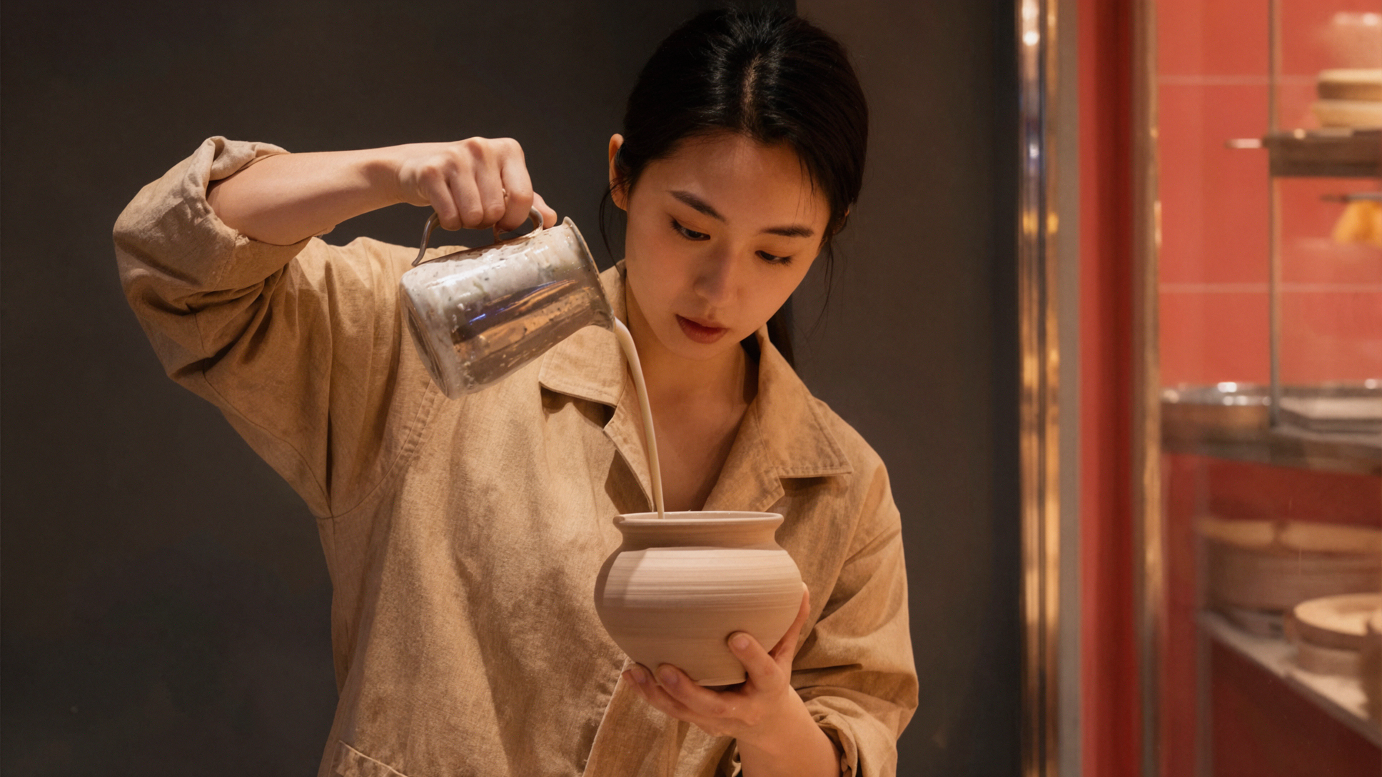 成年东亚女性陶艺家 · 釉彩倾注 · 运动凝固 — AI image creation