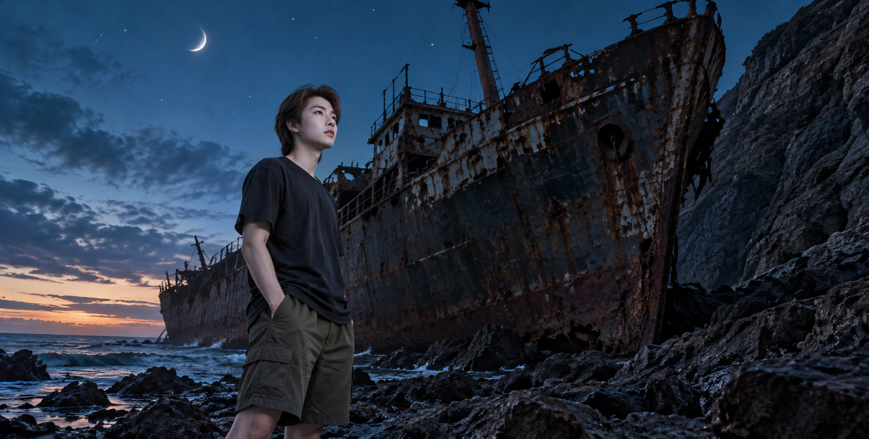 暮色岩岸仰望巨型沉船的成年男性 — AI image creation