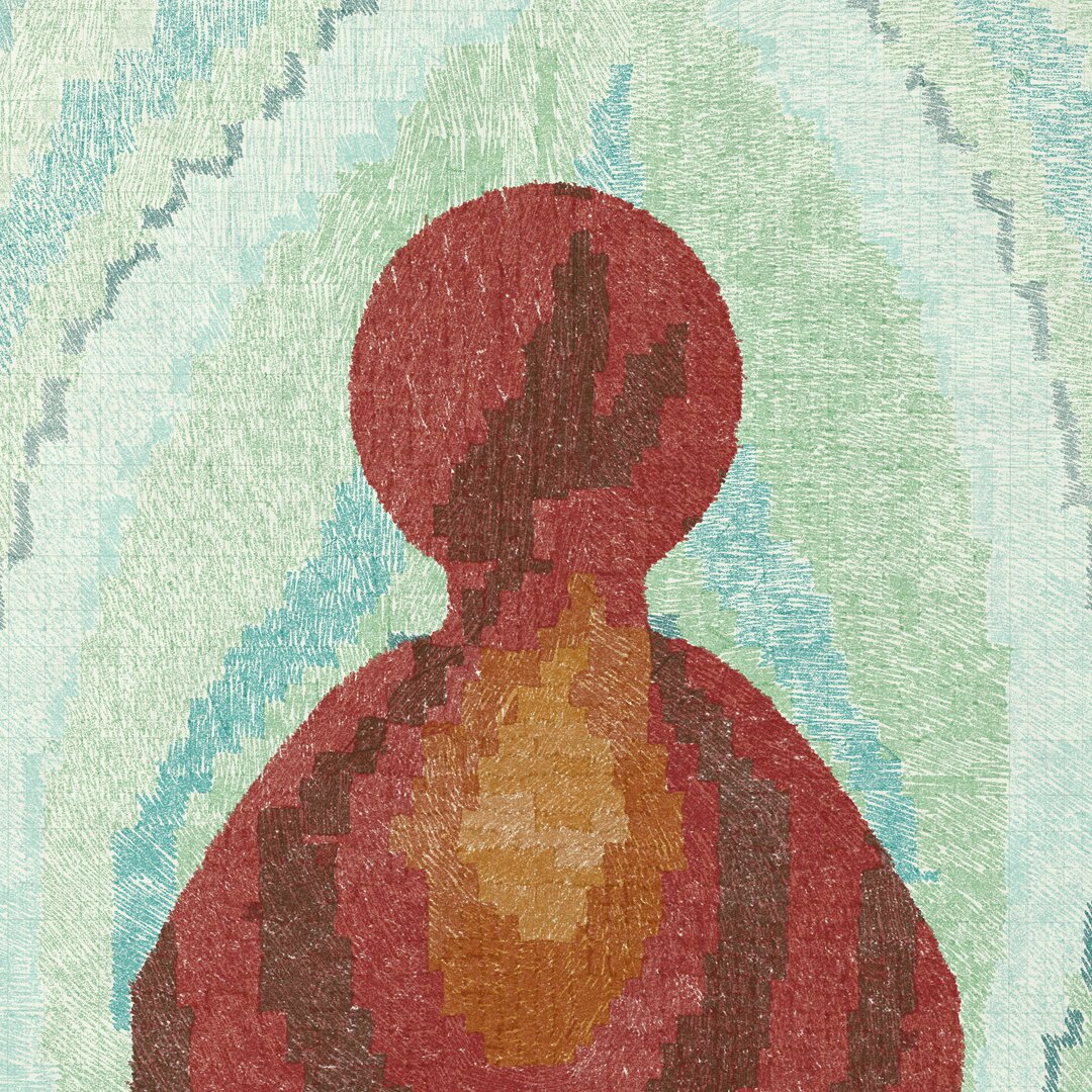Self-portrait drawing with piano score