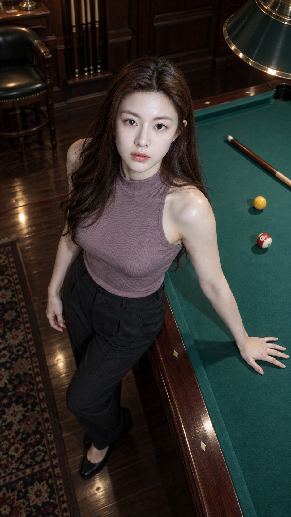俯拍台球室中的成年女性动态肖像 — AI image creation
