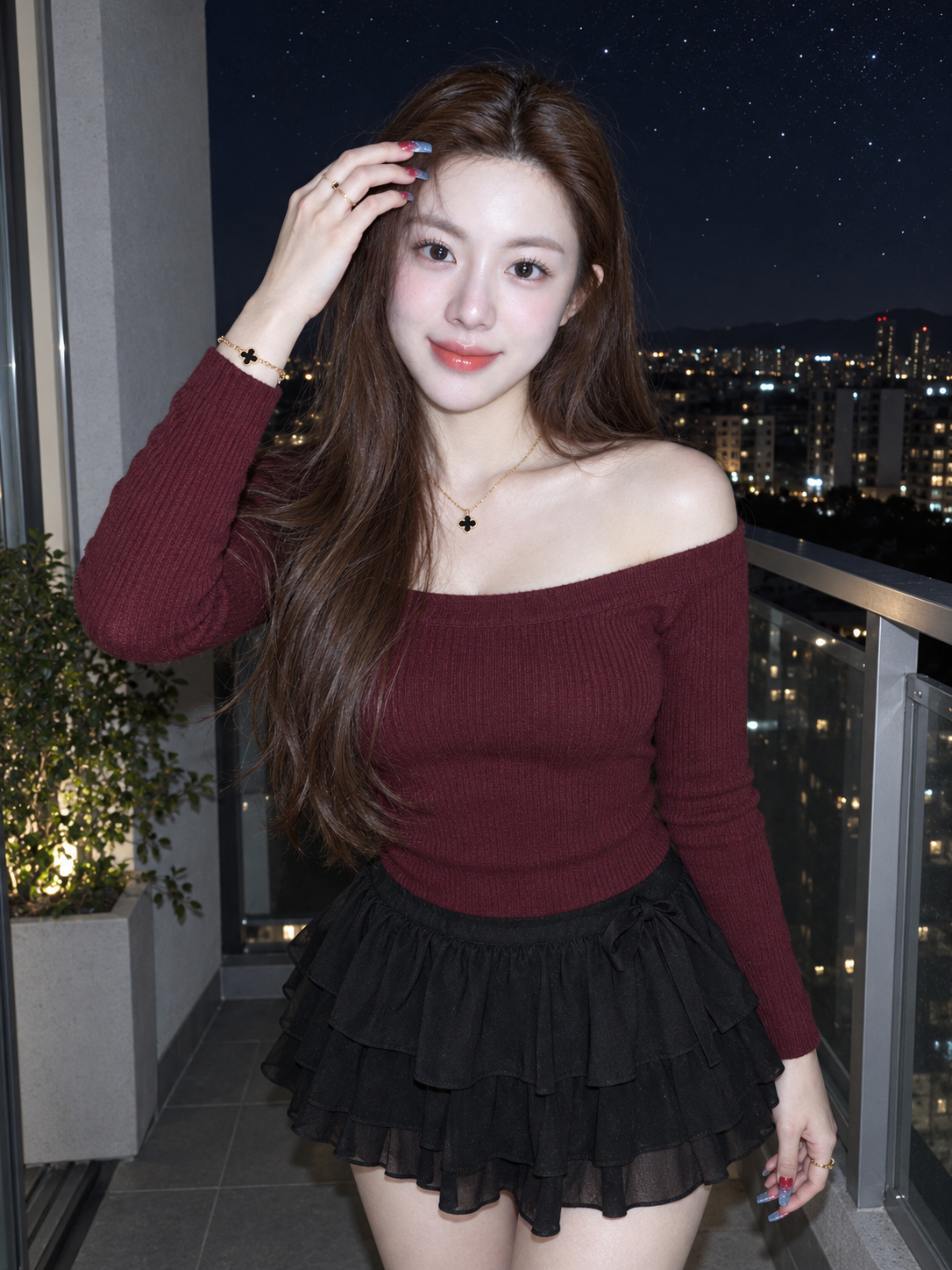 Direct Flash Fashion Portrait on a Starry Balcony — AI image creation