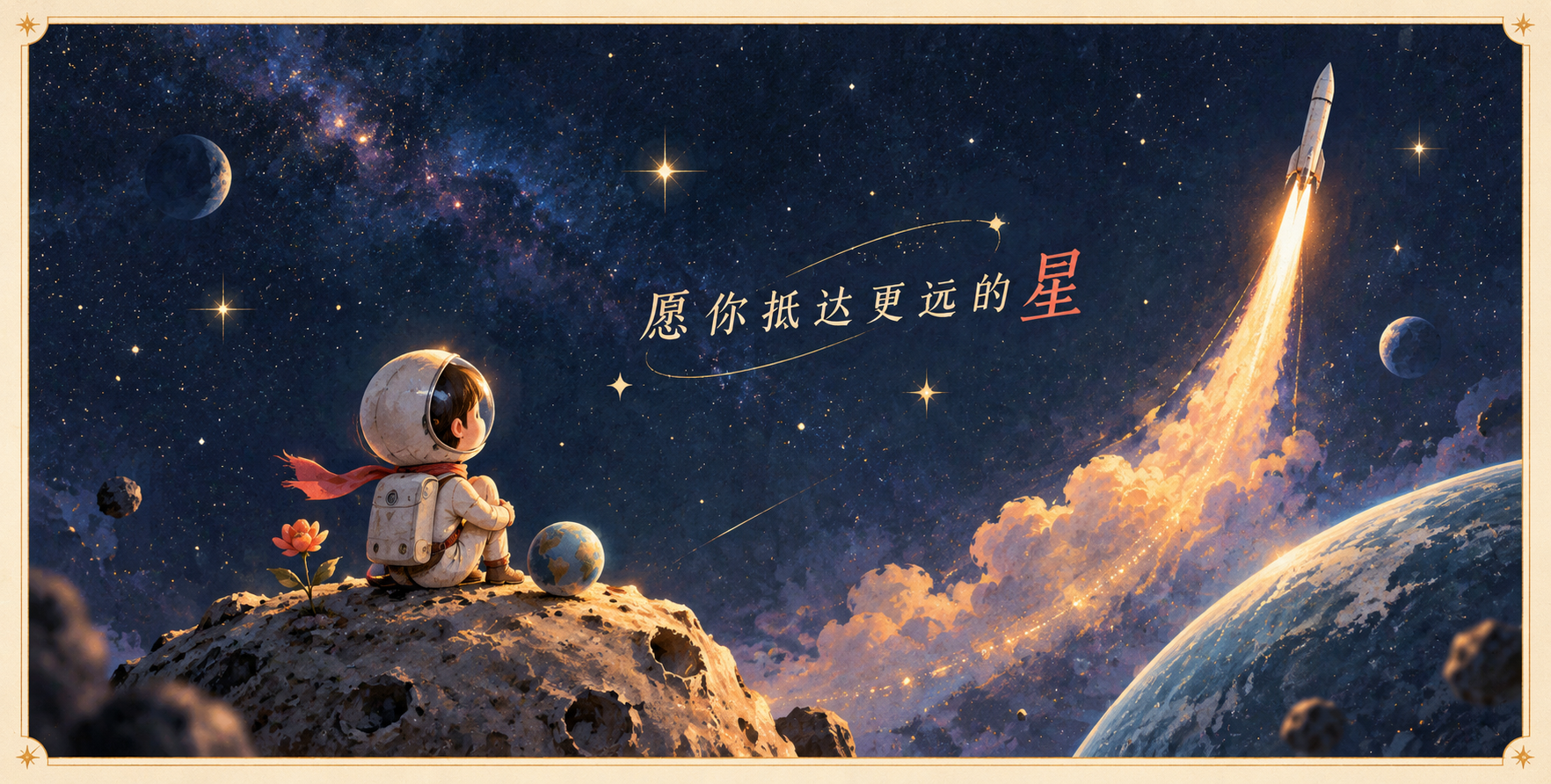 星际小王子风格的原创太空明信片 — AI image creation