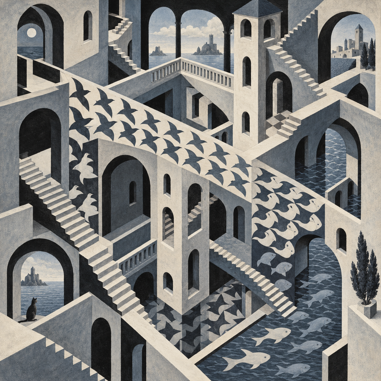 埃舍尔风格视错觉奇画 — AI image creation