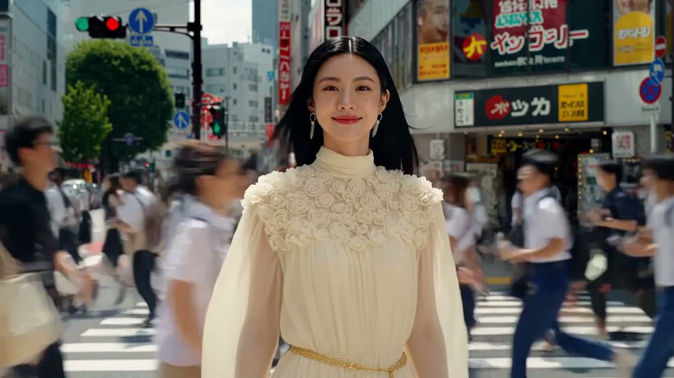 시부야 바람 속 크림색 원피스 소녀