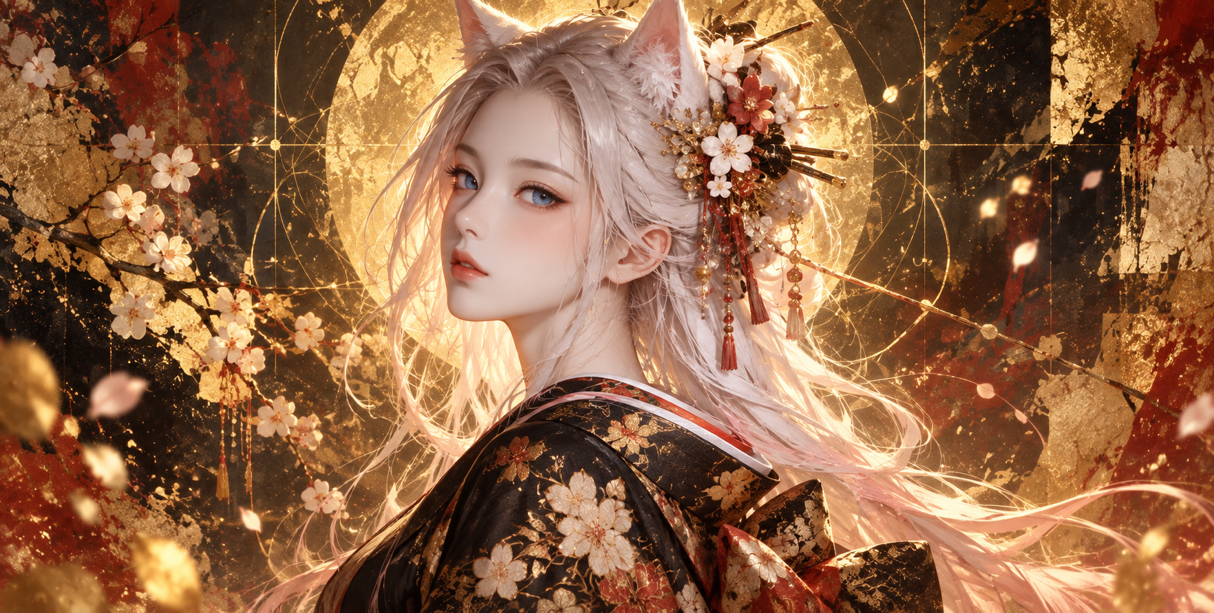 金色几何光环下的黑金猫耳和服侧影 — AI image creation
