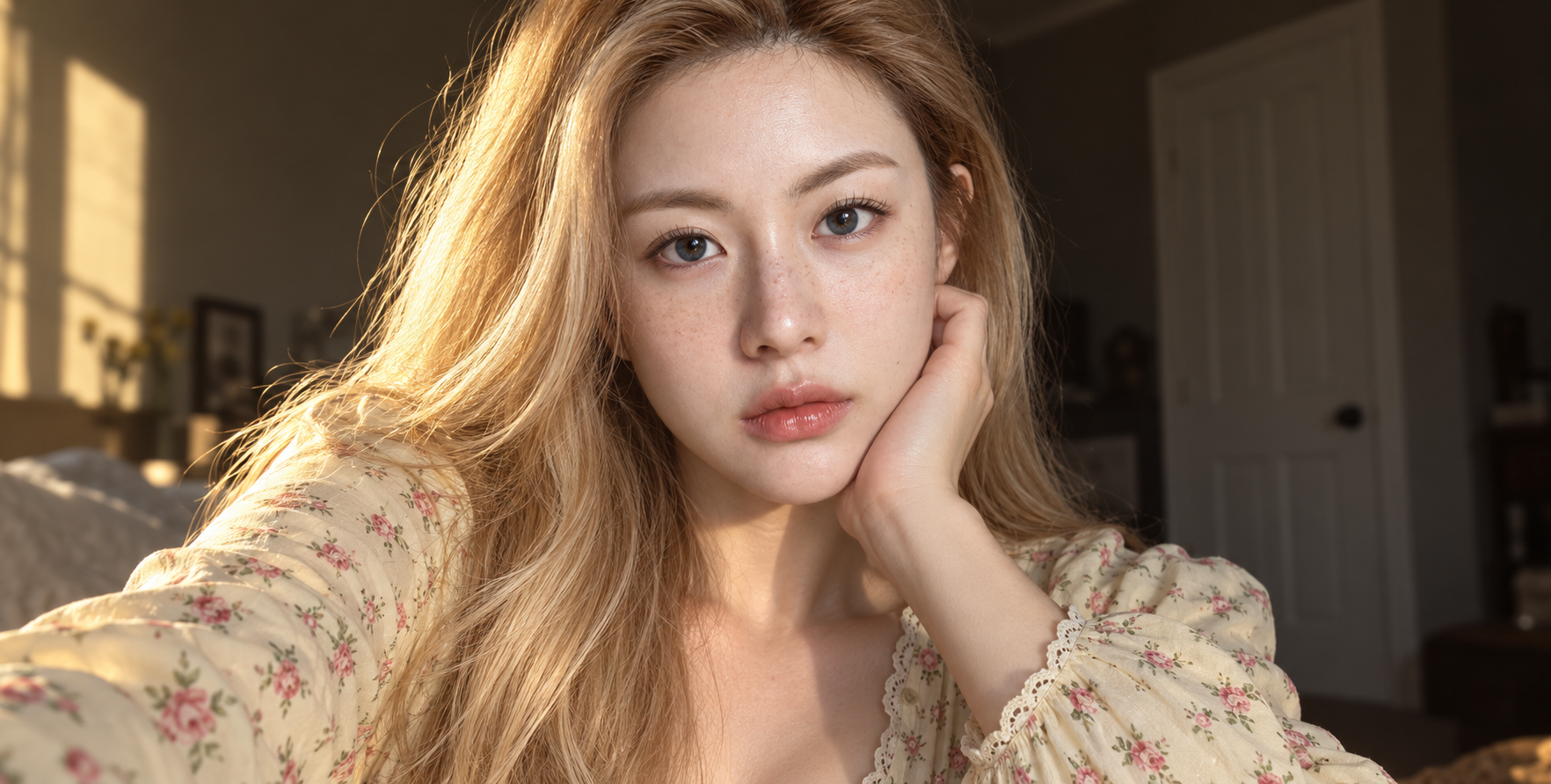 沐浴金色阳光的金发雀斑少女特写 — AI image creation