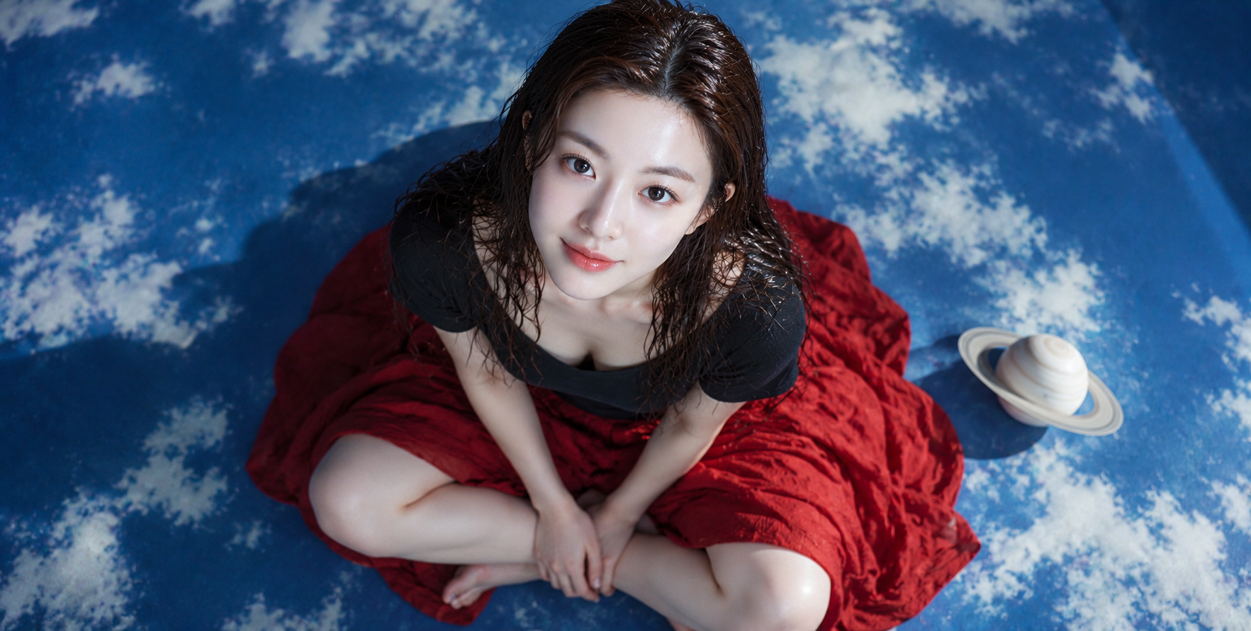 蓝色天空投影下的电影女演员场景 — AI image creation