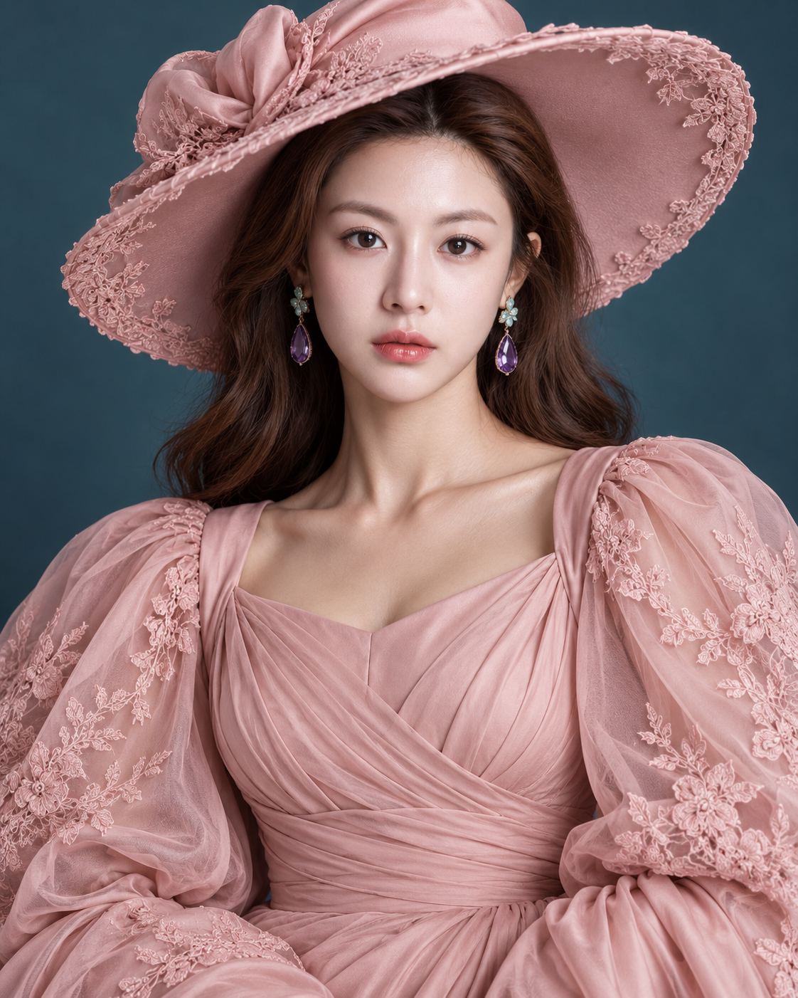 南亚成年女性的暖粉高定礼服与宽檐帽时尚肖像 — AI image creation