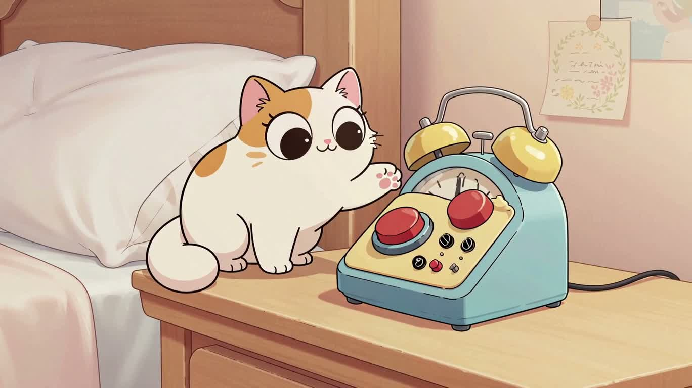 Сонный котёнок и винтажный будильник