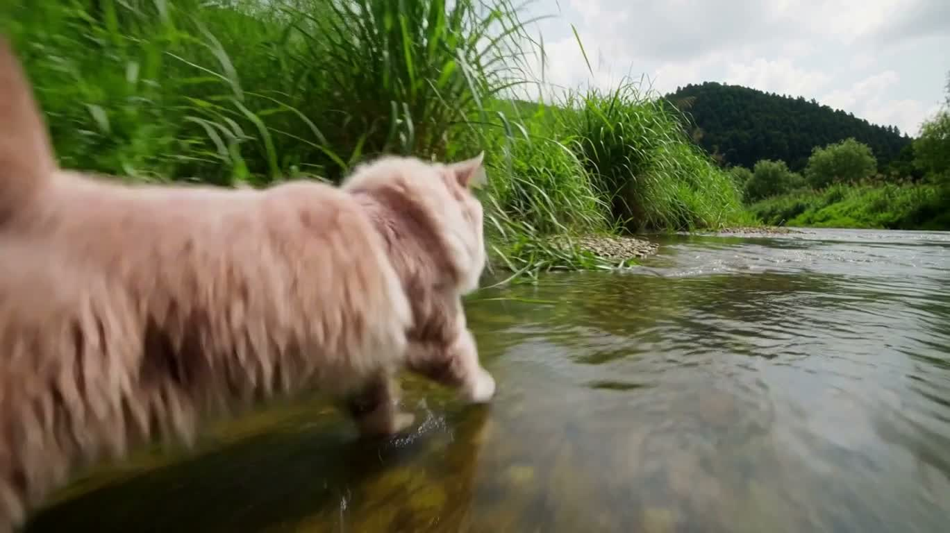 河畔疾奔的粉色绒猫 — AI video creation