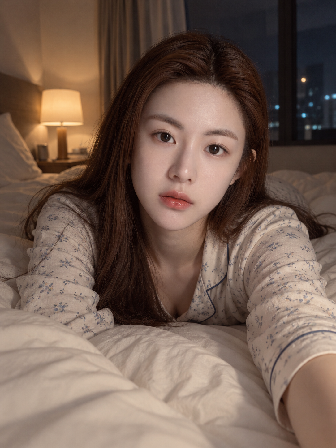 极致光影下夜晚卧室趴卧自拍的写实瞬间 — AI image creation