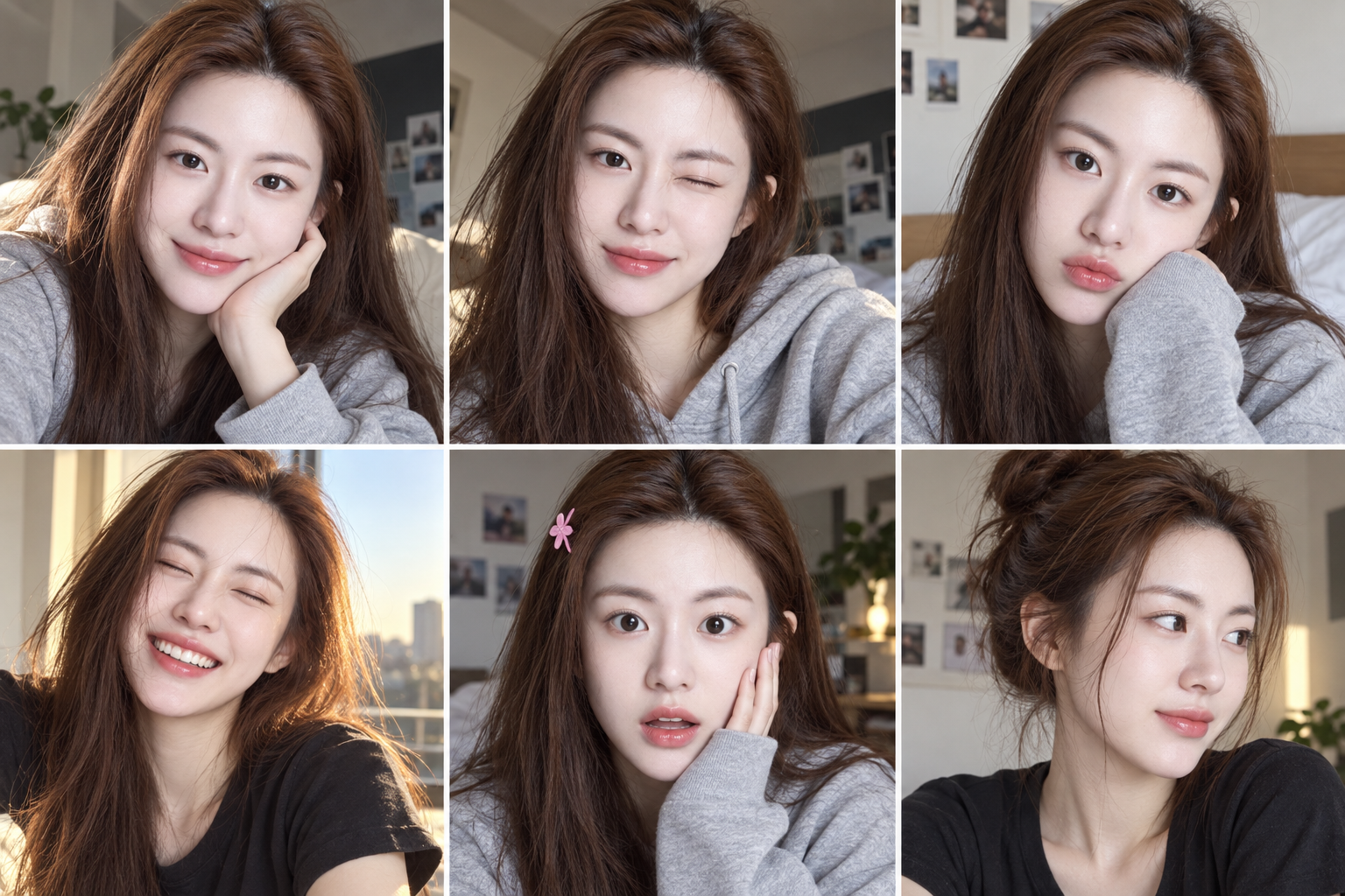 棕发成人女性多重表情抓拍拼贴画 — AI image creation