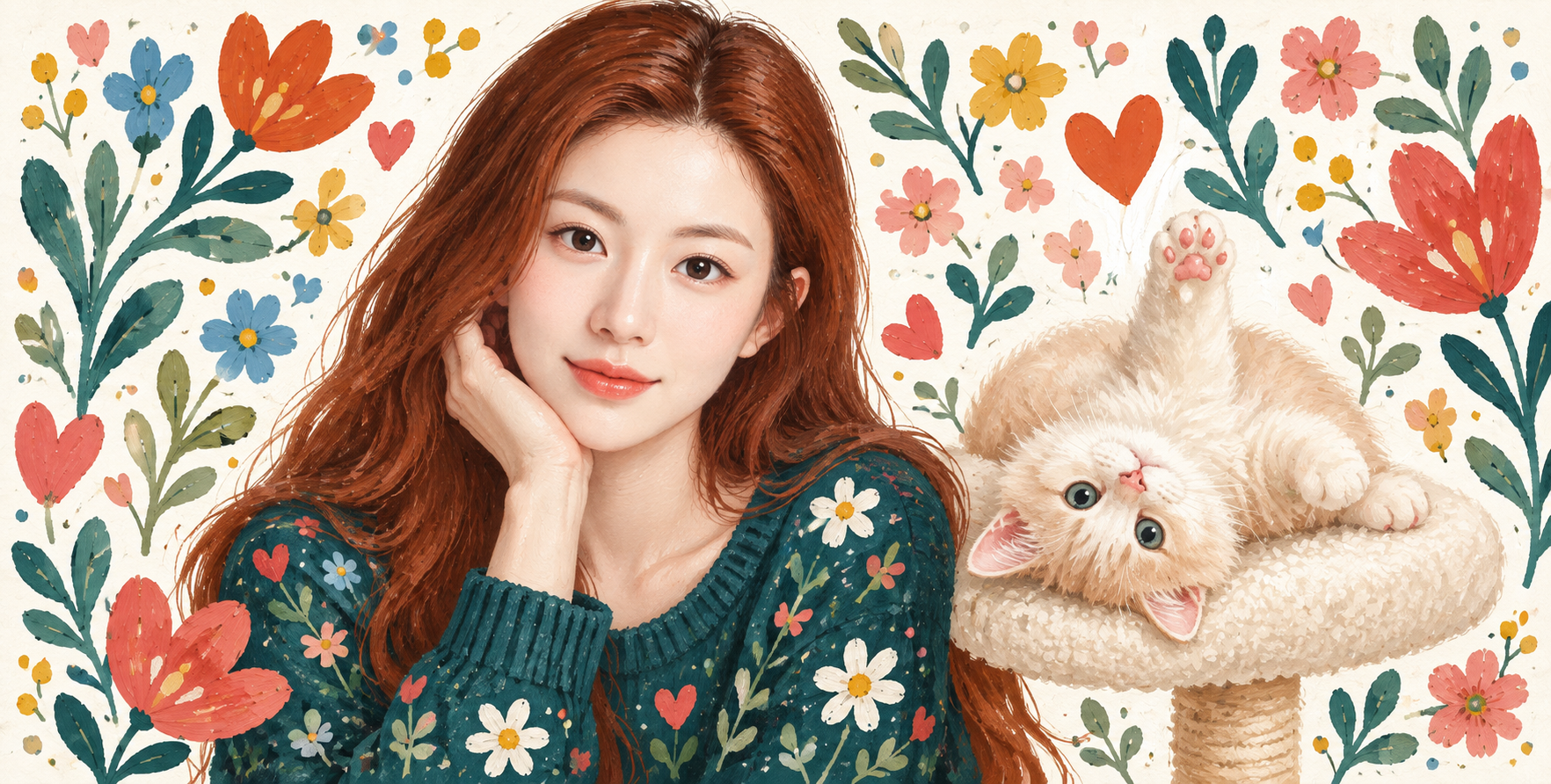 成年红发女性与奶油色小猫民间绘本插画 — AI image creation