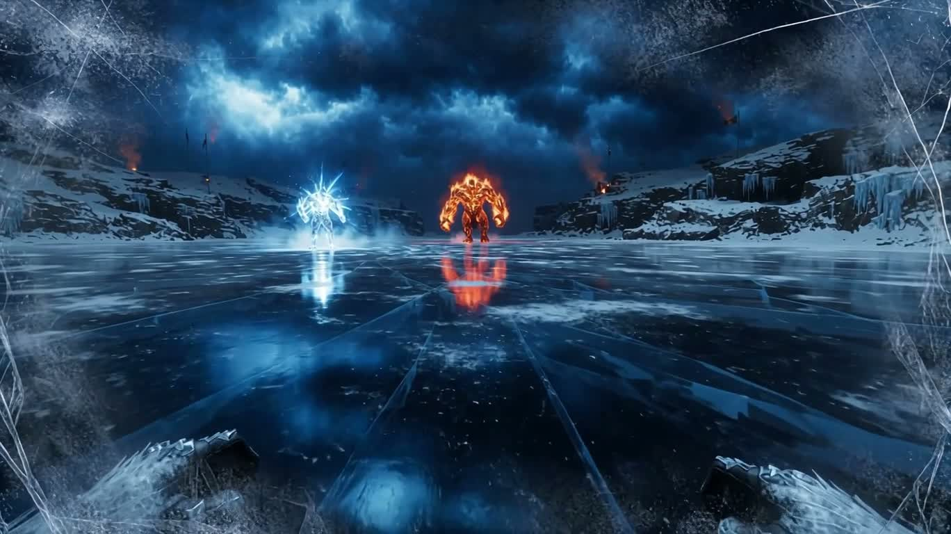 冰霜战士对决火焰巨像 — AI video creation
