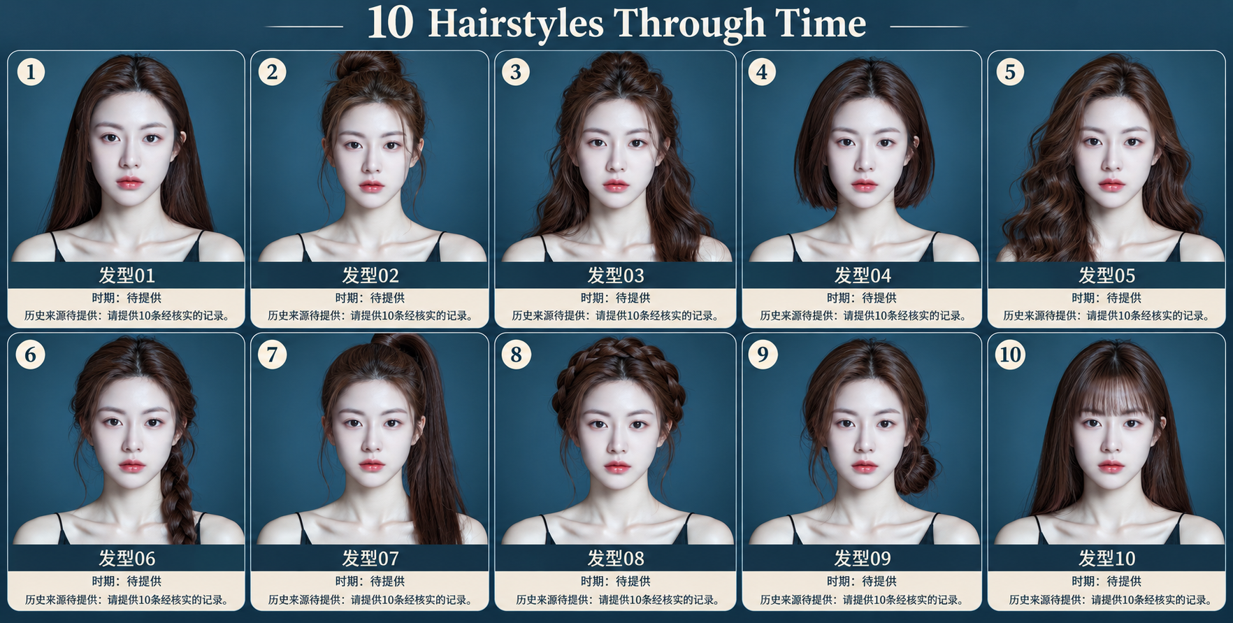同一成年女性的十种发型与历史简卡 — AI image creation