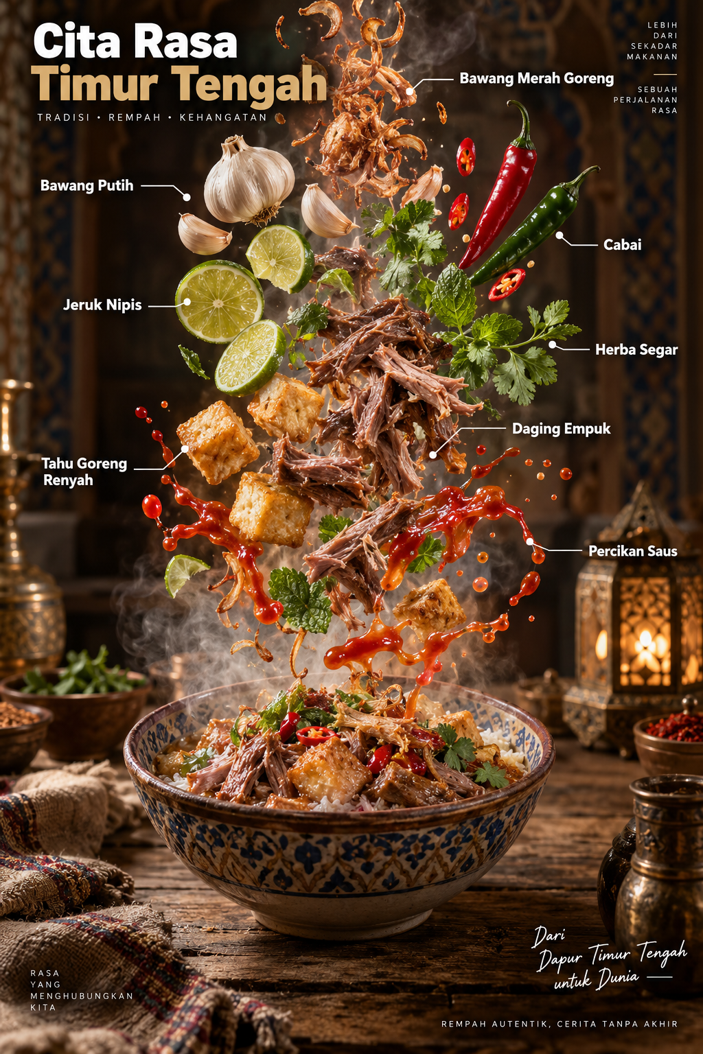 反重力悬浮阿拉伯美食解构图 — AI image creation
