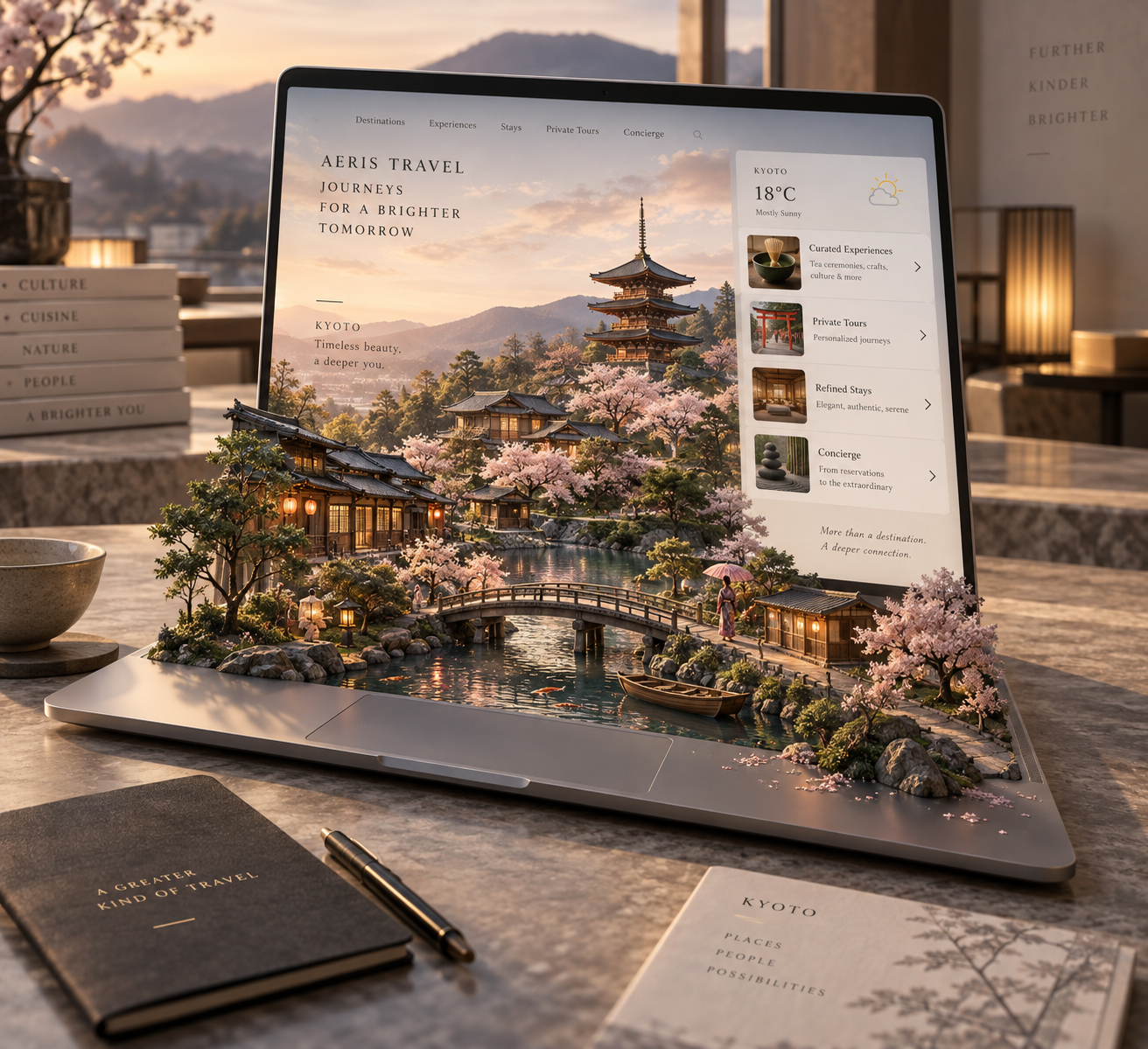苹果笔记本上的微缩奢华旅行世界 — AI image creation