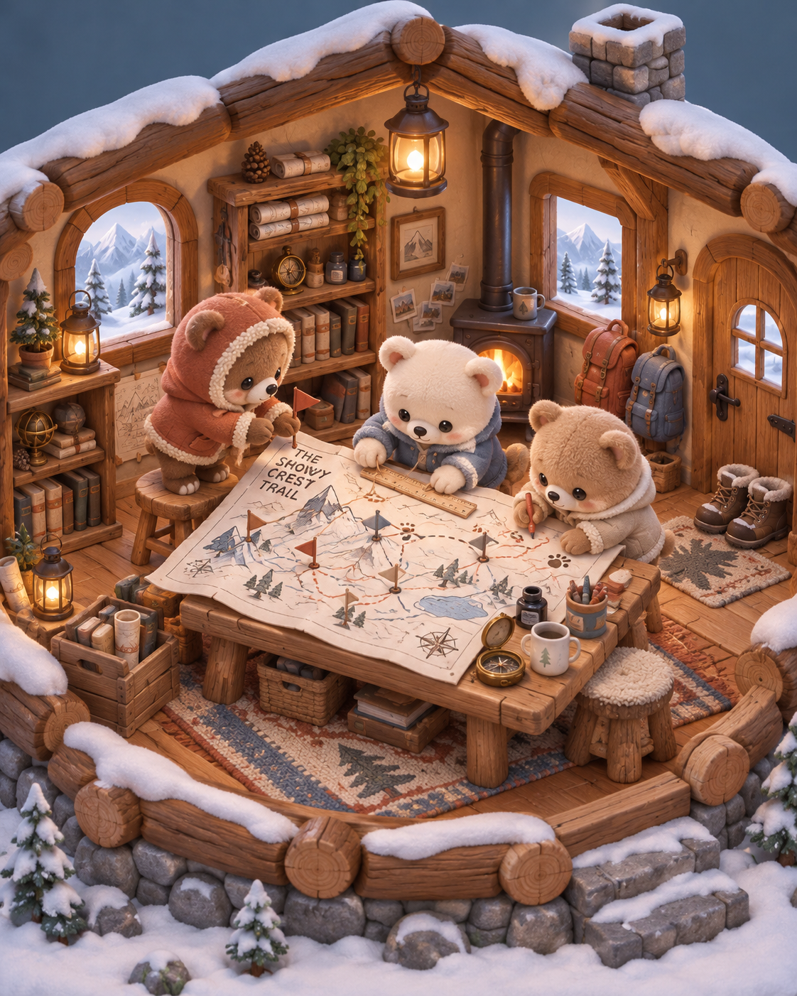 等距3D小熊木屋雪山地图创意场景 — AI image creation