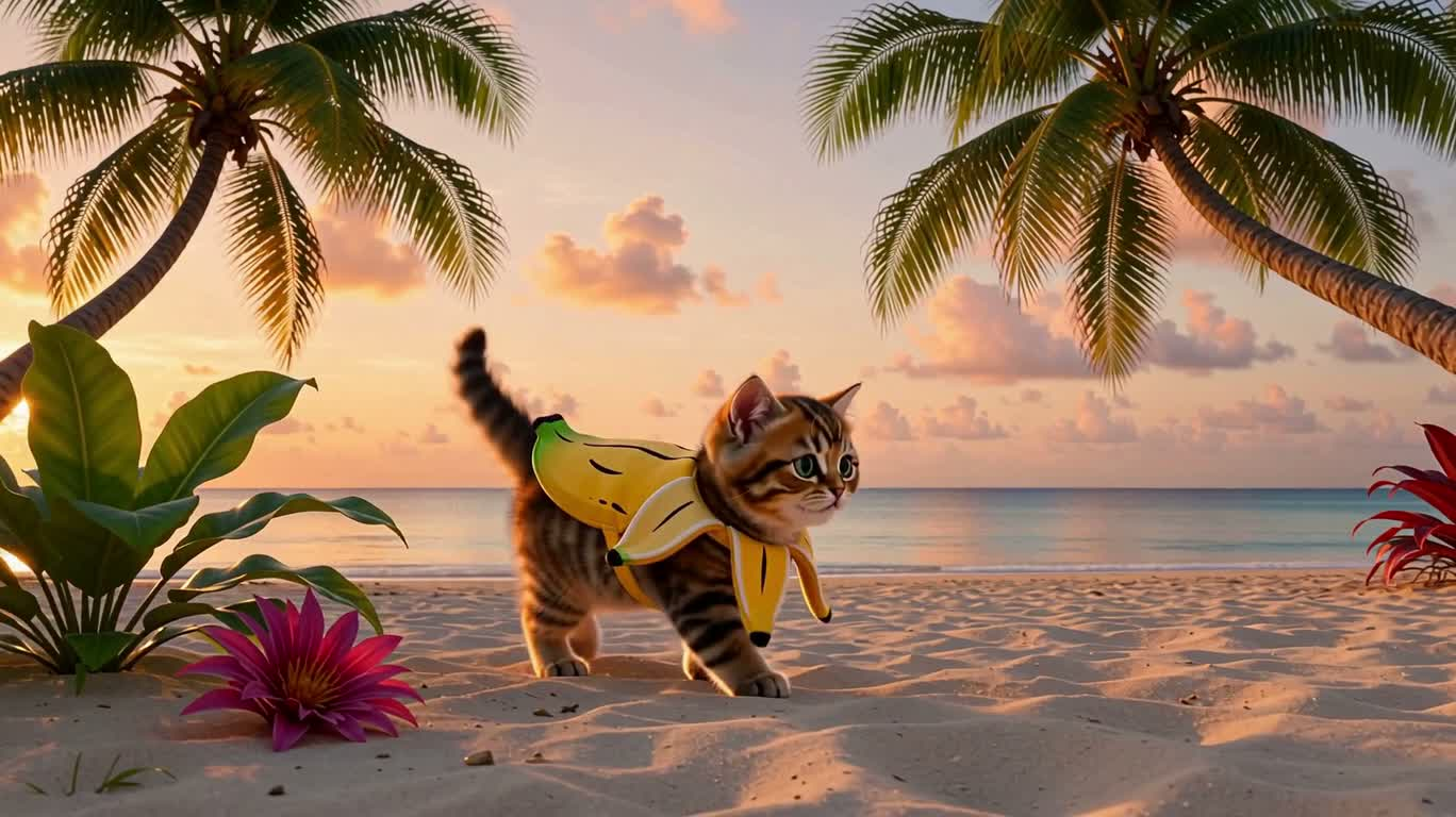 Mèo con nhảy múa trong bộ đồ chuối dưới hoàng hôn nhiệt đới — AI video creation