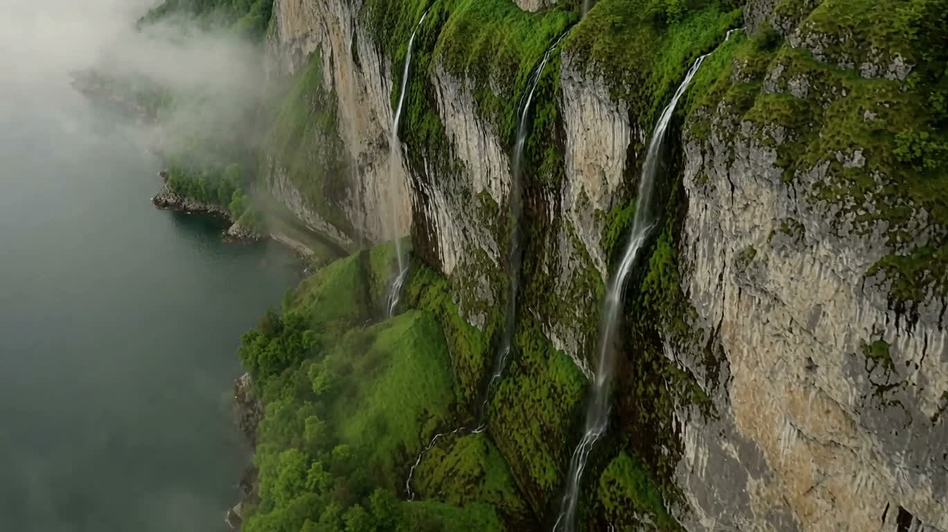 苔岩瀑布古堡航拍 — AI video creation