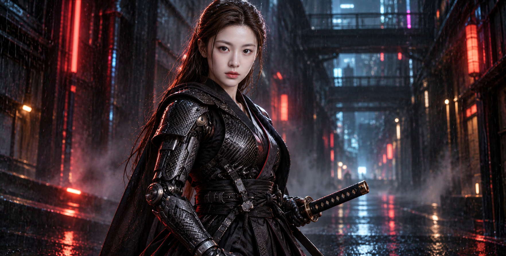 身披碳纤维战甲的赛博朋克成年武士 — AI image creation
