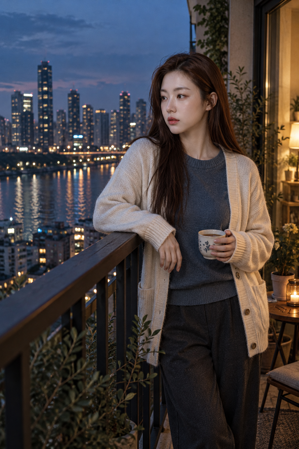 ブルーアワーのバルコニーで大人の女性のシネマティックポートレートテンプレート