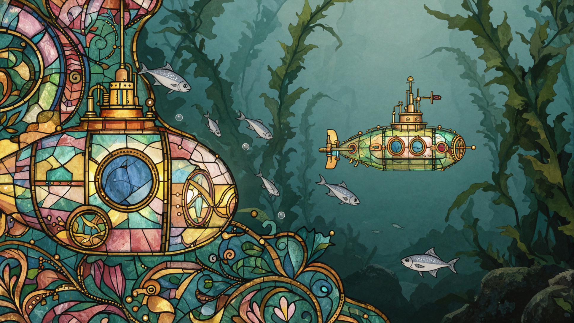 Sous-marin en vitrail · Conte folklorique — AI image creation